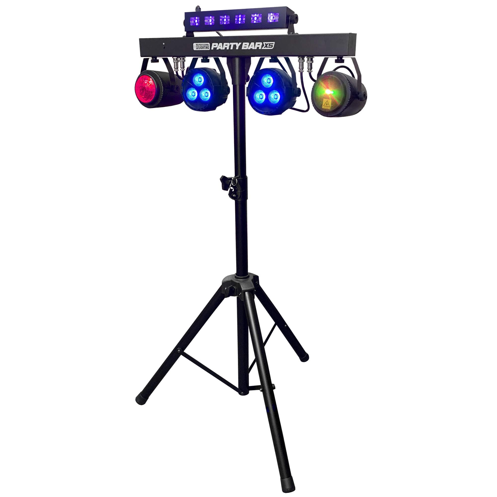 Party Bar X5 - LED DJ Lighting - Stage Lighting - GigBar - Includes Gig Bags Stand, 2 Pars, 2 Effect Lights, Black Light Bar, Strobe and a Remote Control