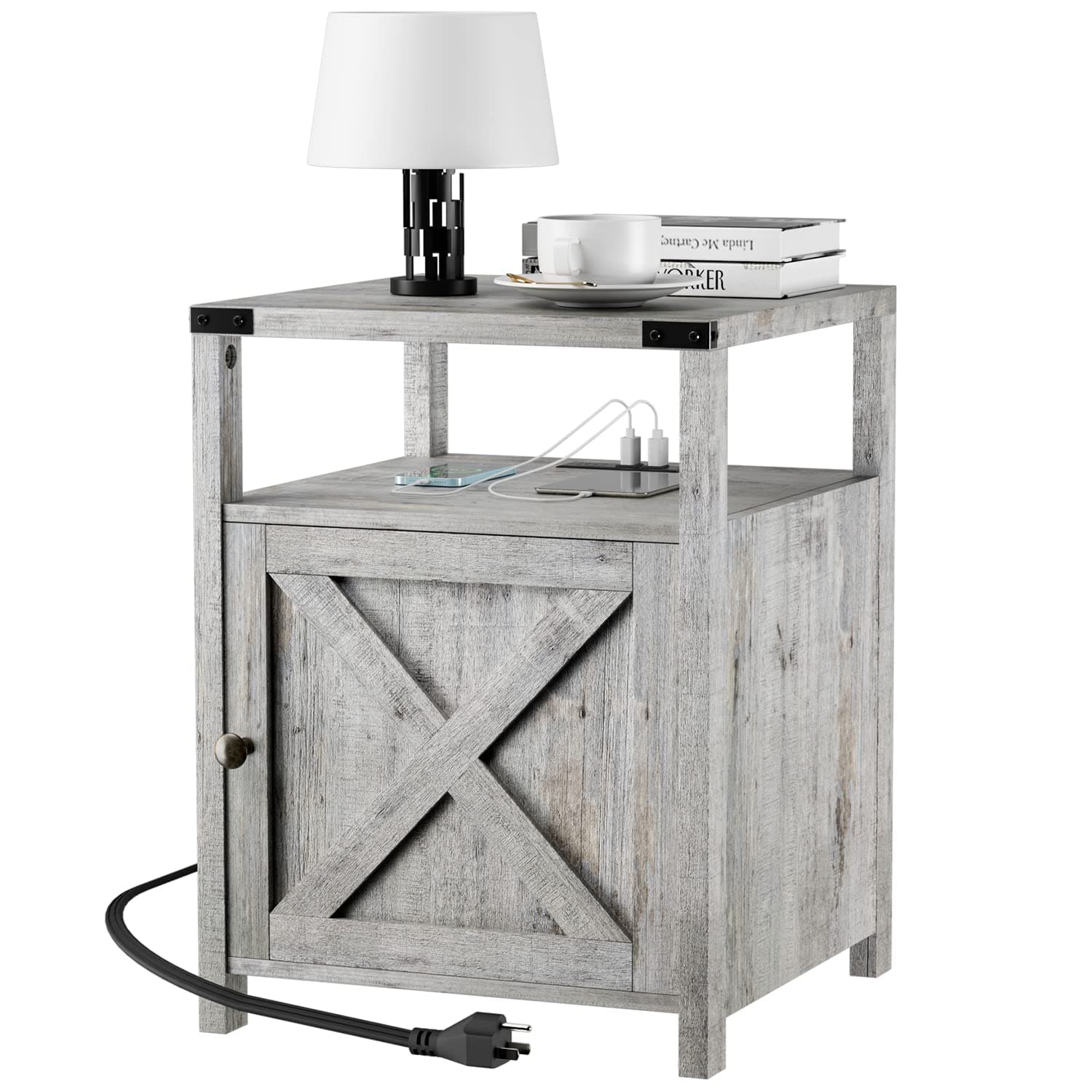 Farmhouse Nightstand with Charging Station, Grayish White End Table Bedroom with Storage Living Room Side Table Beige Night Stand Industrial Bedside Bed Table with USB Ports and Outlets
