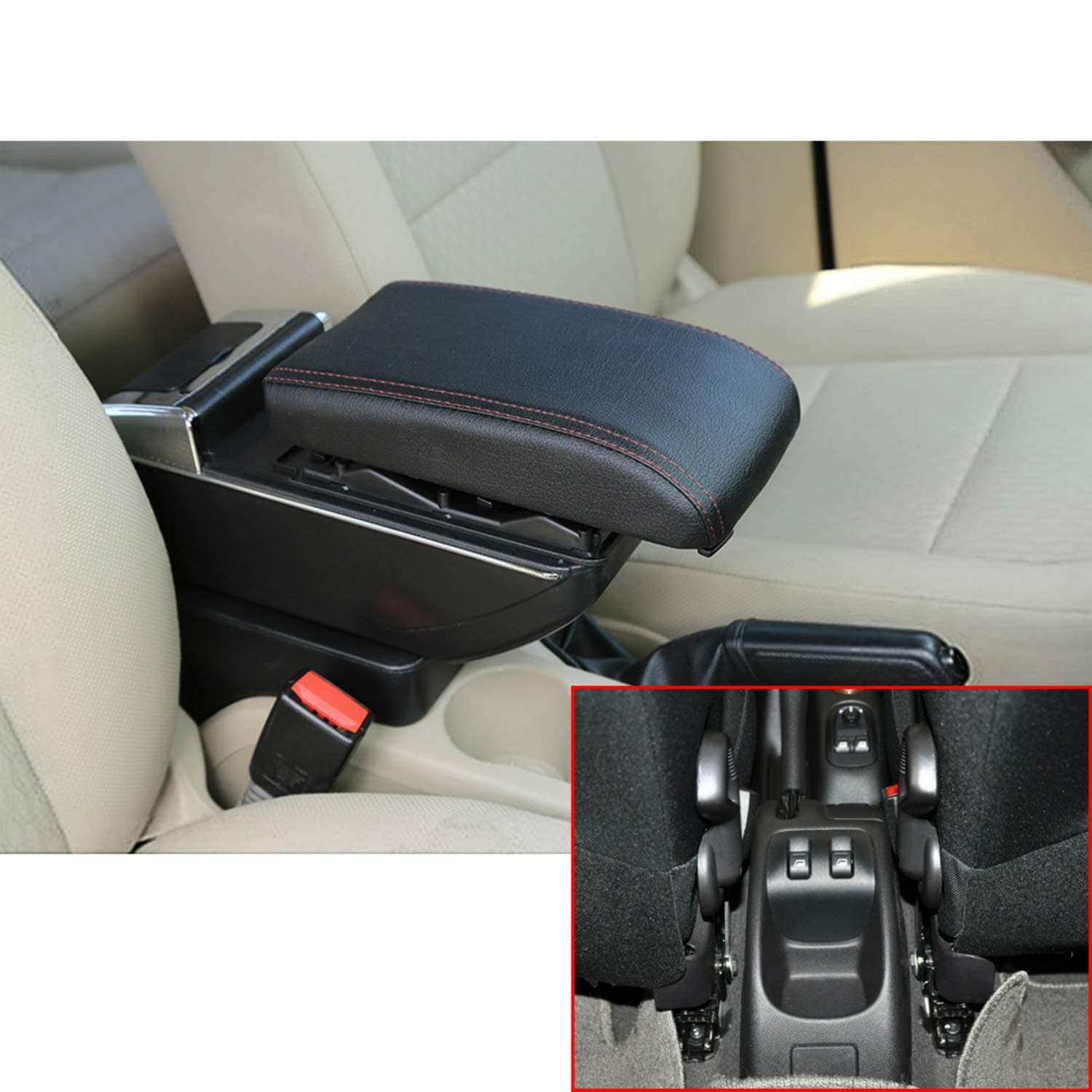 MyGone Center Console Armrest Box for 2006-2013 Peugeot 206 207, Car Interior Accessories Leather Arm Rest Organizer with LED Lights Adjustable Cup Holder Removable Ashtray Black