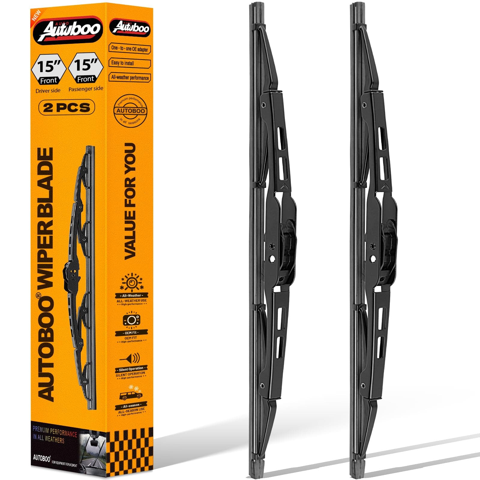 AUTOBOO 15"+15" Wiper Blades Replacement for Jeep Wrangler Front Windshield wipers 2007-2017- Original Factory Quality (Pack of 2)