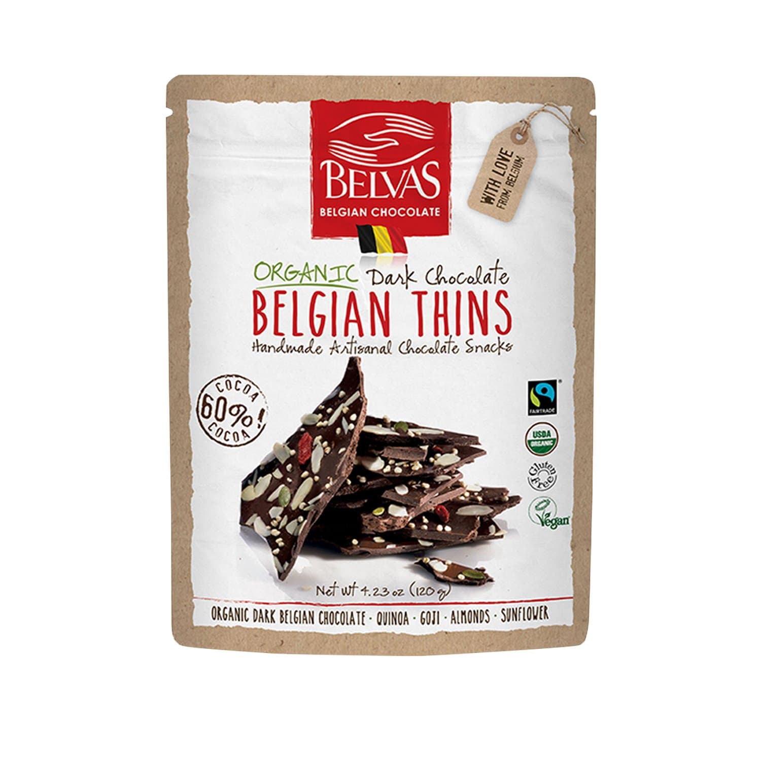 Belvas Belgian Thins Organic Dark Chocolate Snack with 60% Cocoa, Quinoa and Goji - Vegan, Gluten Free, Fairtrade, 4.23 oz. Resealable Bag