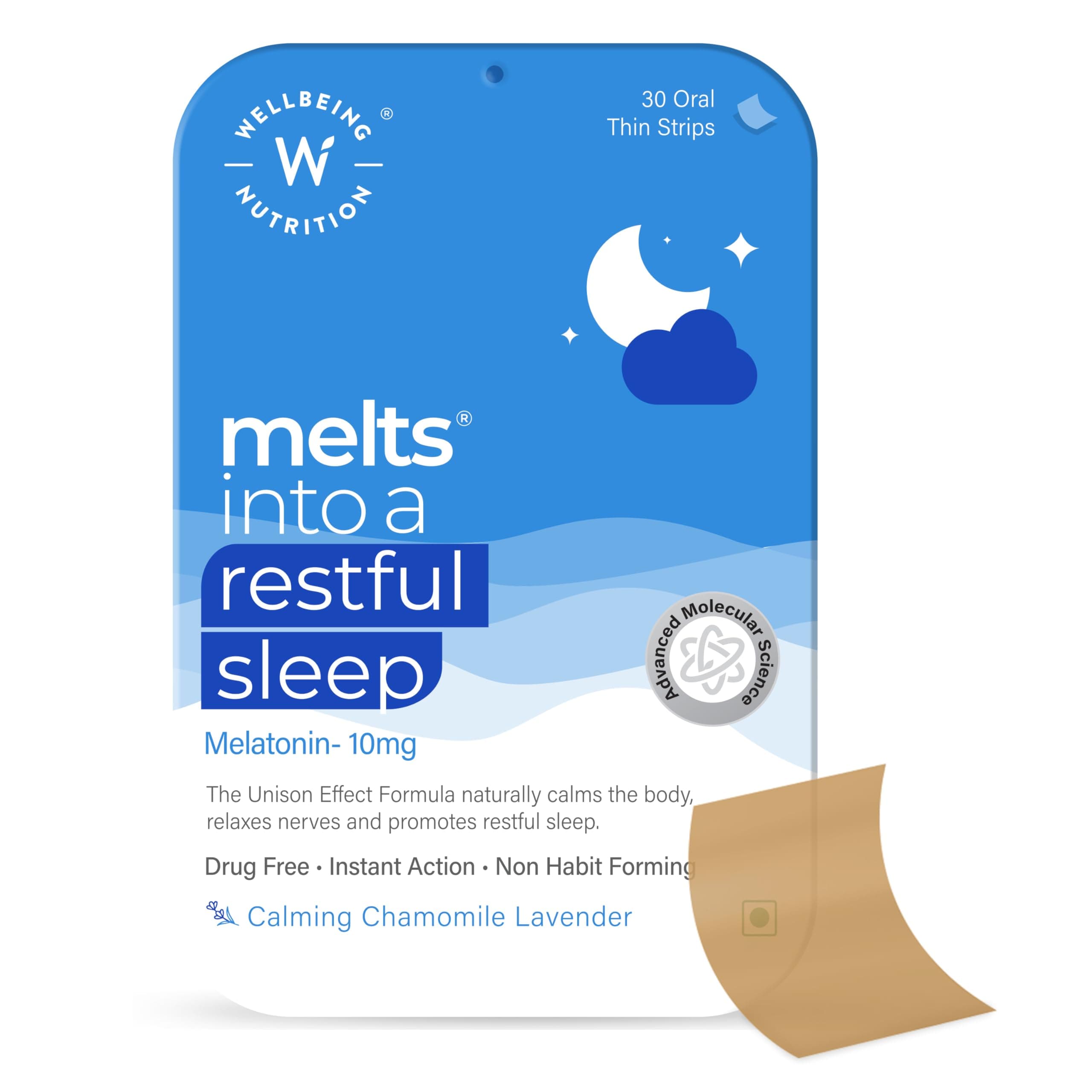 Melts Restful Sleep Aid | Plant-Based Melatonin 10mg for Better Sleep with Chamomile, Tagara, L-Theanine | Non-Addictive Sleep-Aid, Safe, Natural, 30 Oral Strips