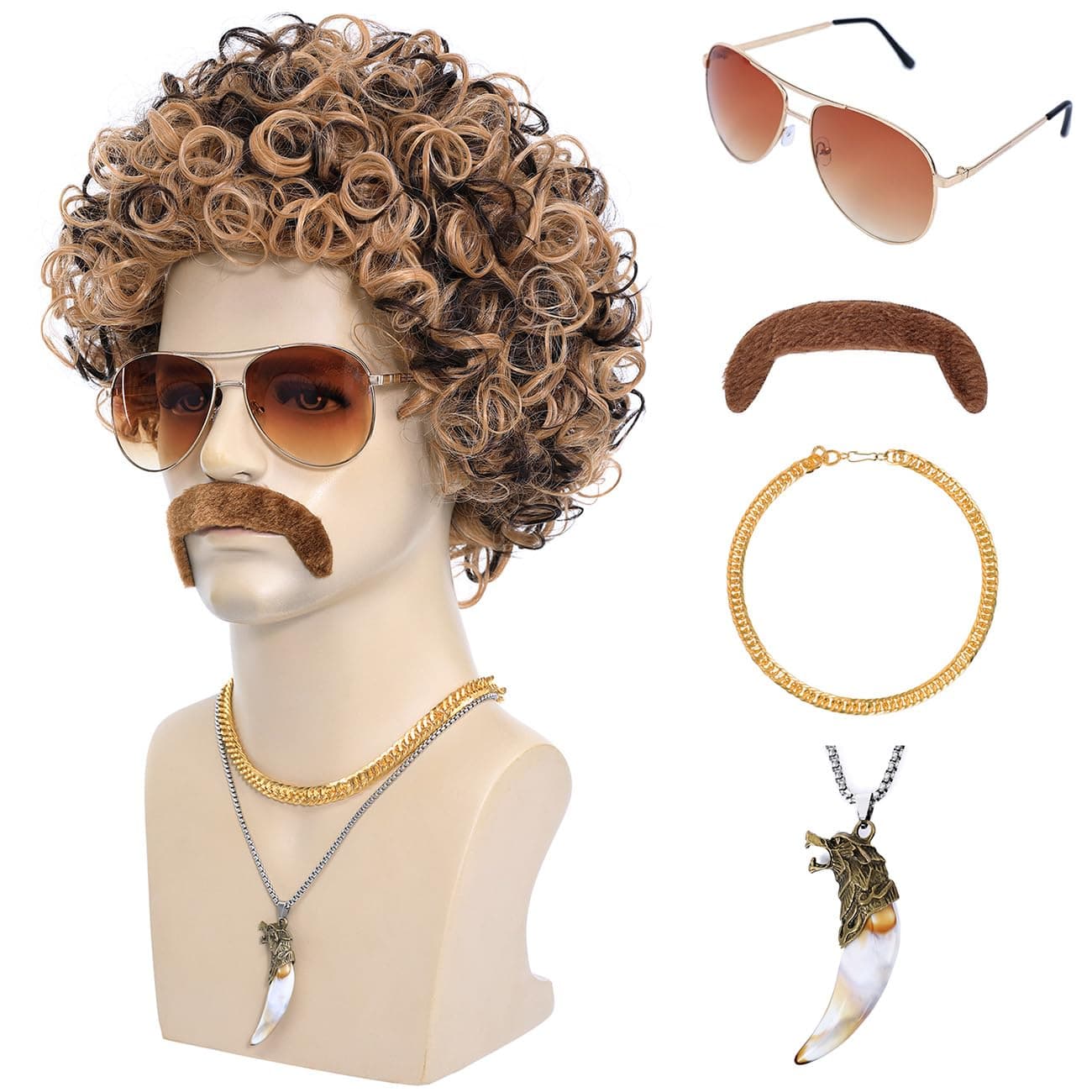 6pcs Set 70s 80s Disco wig with Mustache Glasses Artificial Wolf Necklace Golden Chain Short Curly Hair Afro Mens Wig for 60s Hippies Costume Cosplay Halloween Party (Blonde Mixed Brown)
