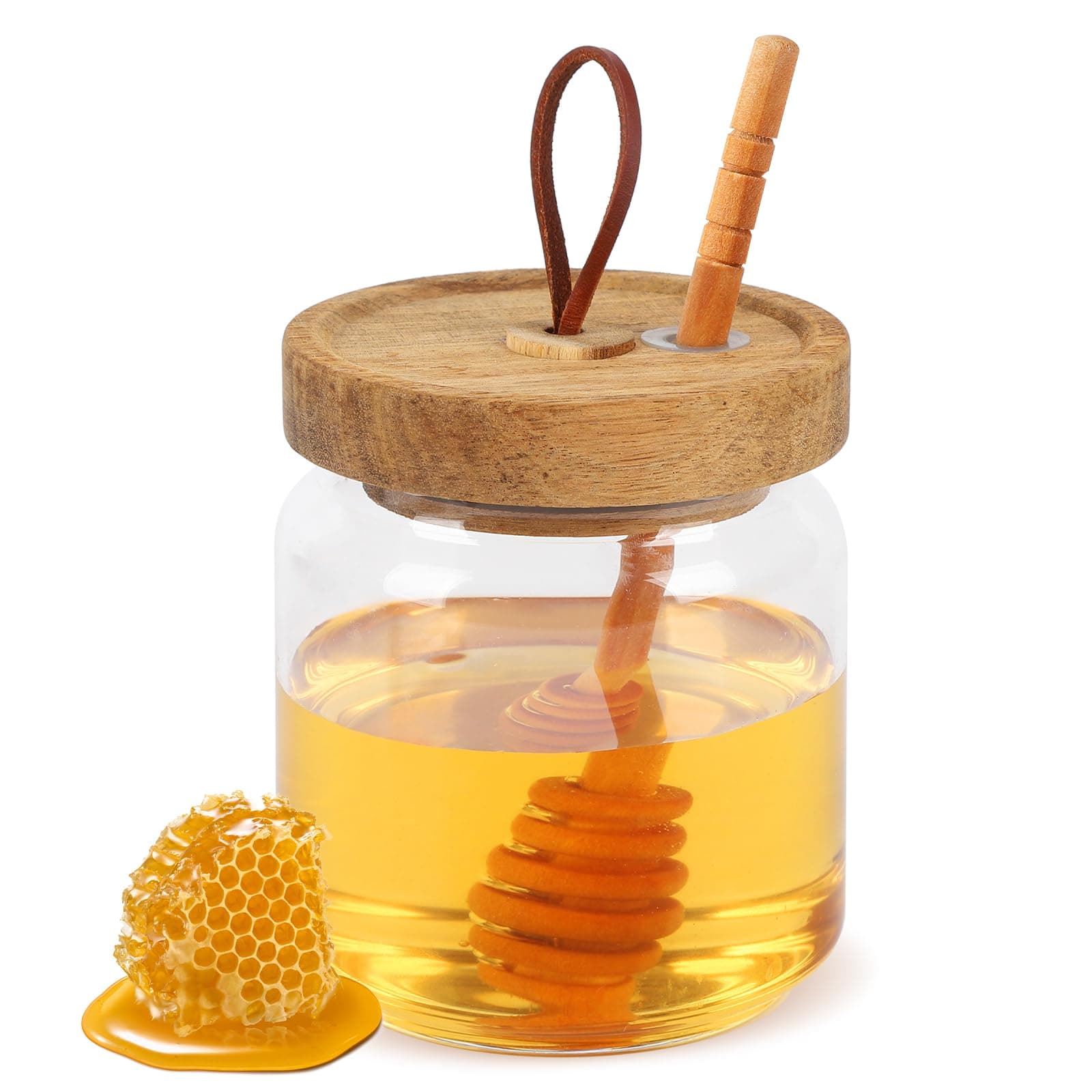 Honey Jars with Dipper, 17 oz Airtight Glass Honey Dispenser with Acacia Lid Cover for Storing Honey and Syrup,Home Kitchen Gifts for Women, Moms, and Friends