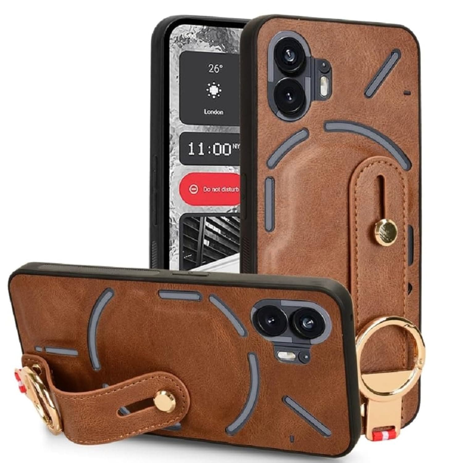 YIMICO For Nothing Phone 2 Luxury Leather Cover With Wristband, Hand Strap, Kickstand, and Metal Ring Case (Brown)