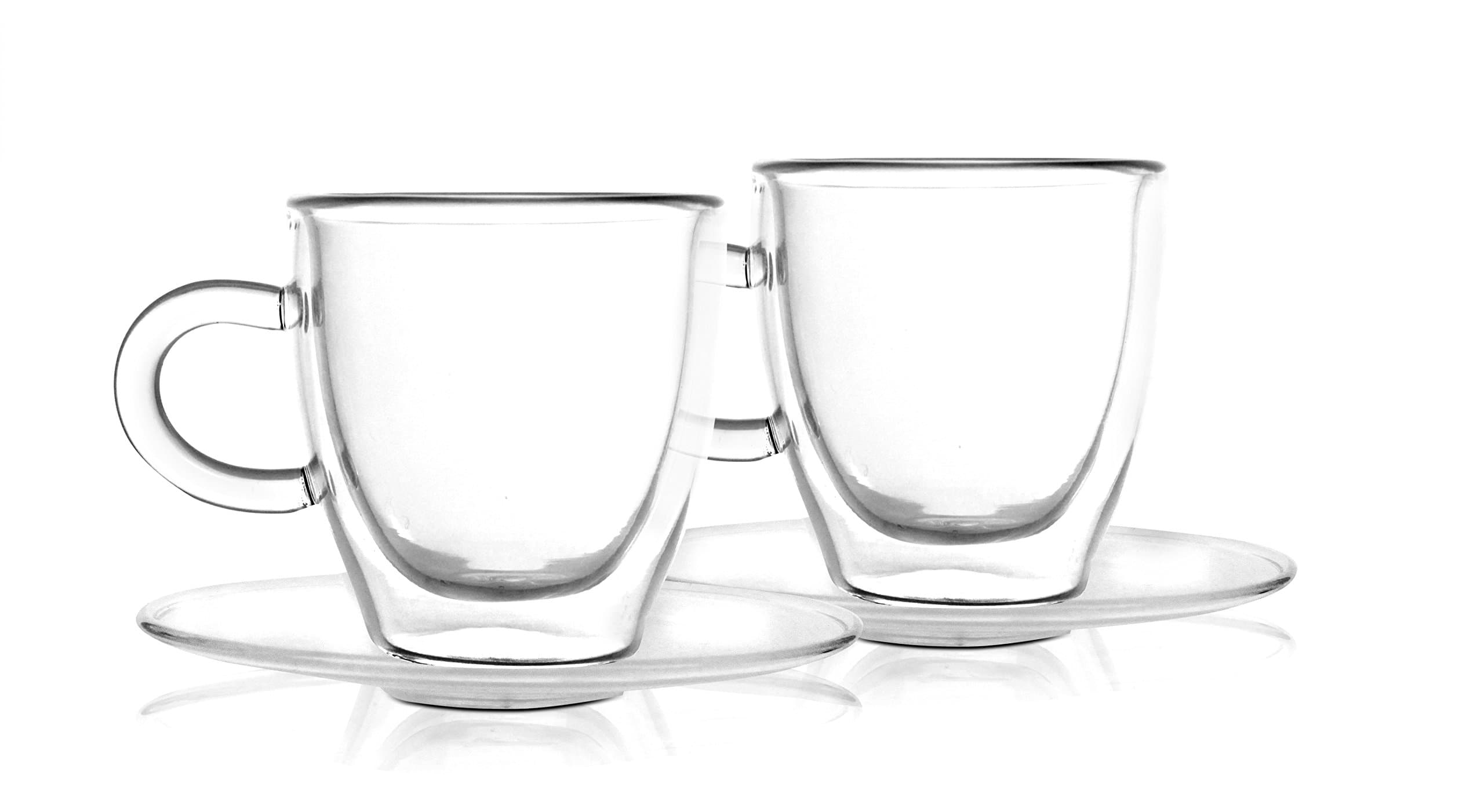 Vialli Design Set of 2 Double Walled Glass Espresso Cups with Saucers, 50 ml capacity