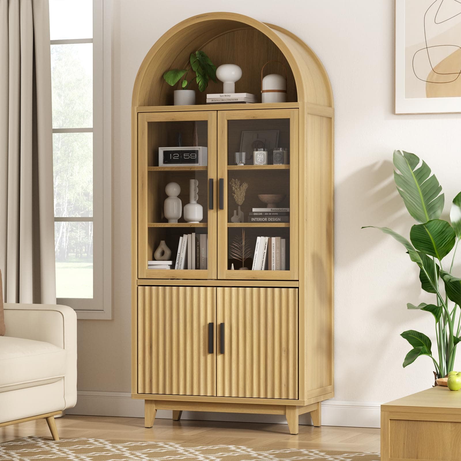 Arched Storage Cabinet 70" Tall Modern Grooved Door Cabinet with Tempered Glass and Adjustable Shelves Solid Wood Leg Accent Furniture for Living Room, Kitchen, Dining Room, Entryway, Natural