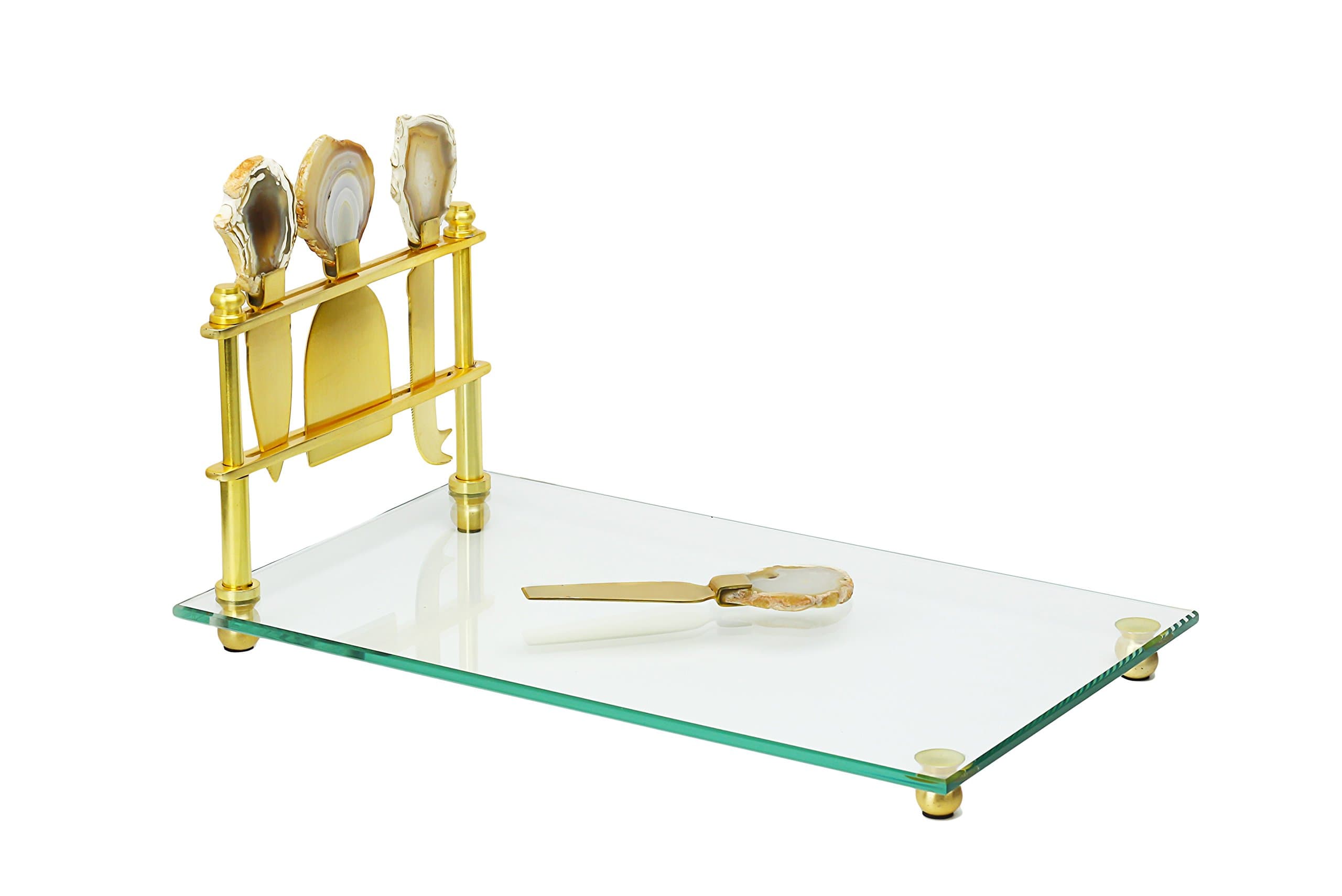 Gorgeous and Elegant Cheese Board & Cutlery Set, Fancy Glass Cheese Board Bread Tray and Gold-Plated Knife Tool Set with Agate Stone Handles, 8"W x 13"L