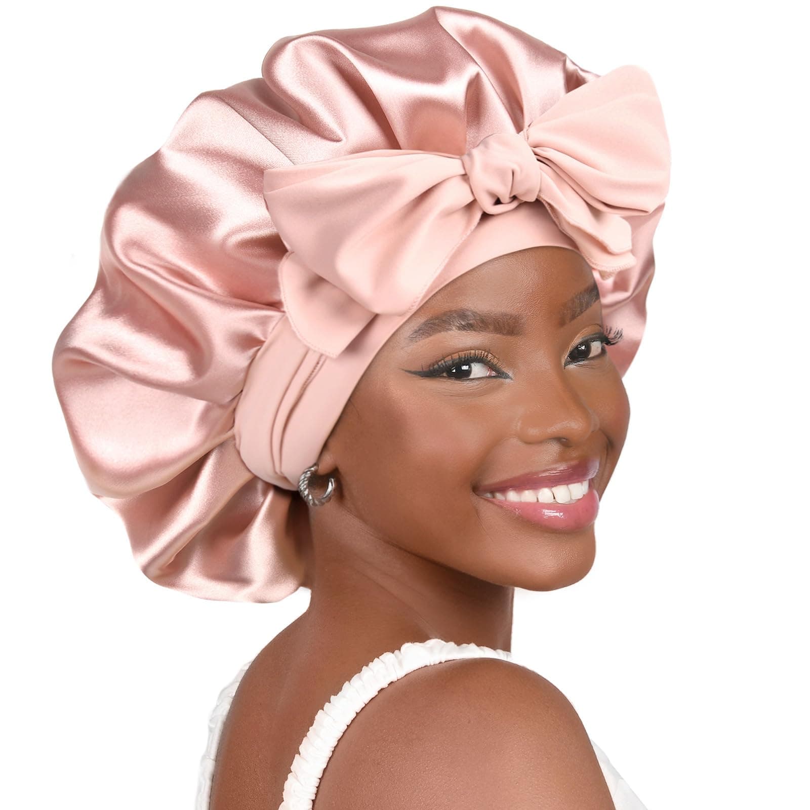 YANIBEST Silk Bonnet Cap for Sleeping Satin Bonnet Hair Bonnets for Black Women and Men Bonnet Cap for Curly Braids Hair, Blush Pink, L