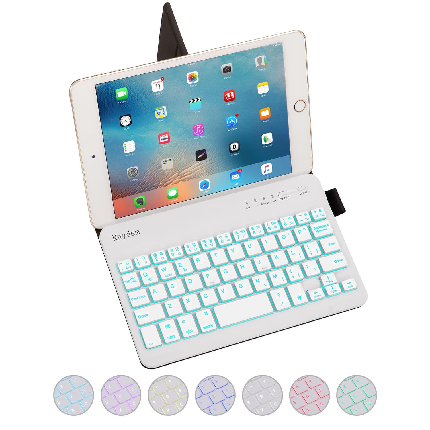 Portable Bluetooth Keyboard for iPad Tablets, Raydem Ultra Slim Bluetooth Keyboard with 7-Colors Backlight with Smart Stand Leather Case Cover for iPad Air 3/2/1, iPad Pro, iPad Mini 4/3/2/1, iPhone