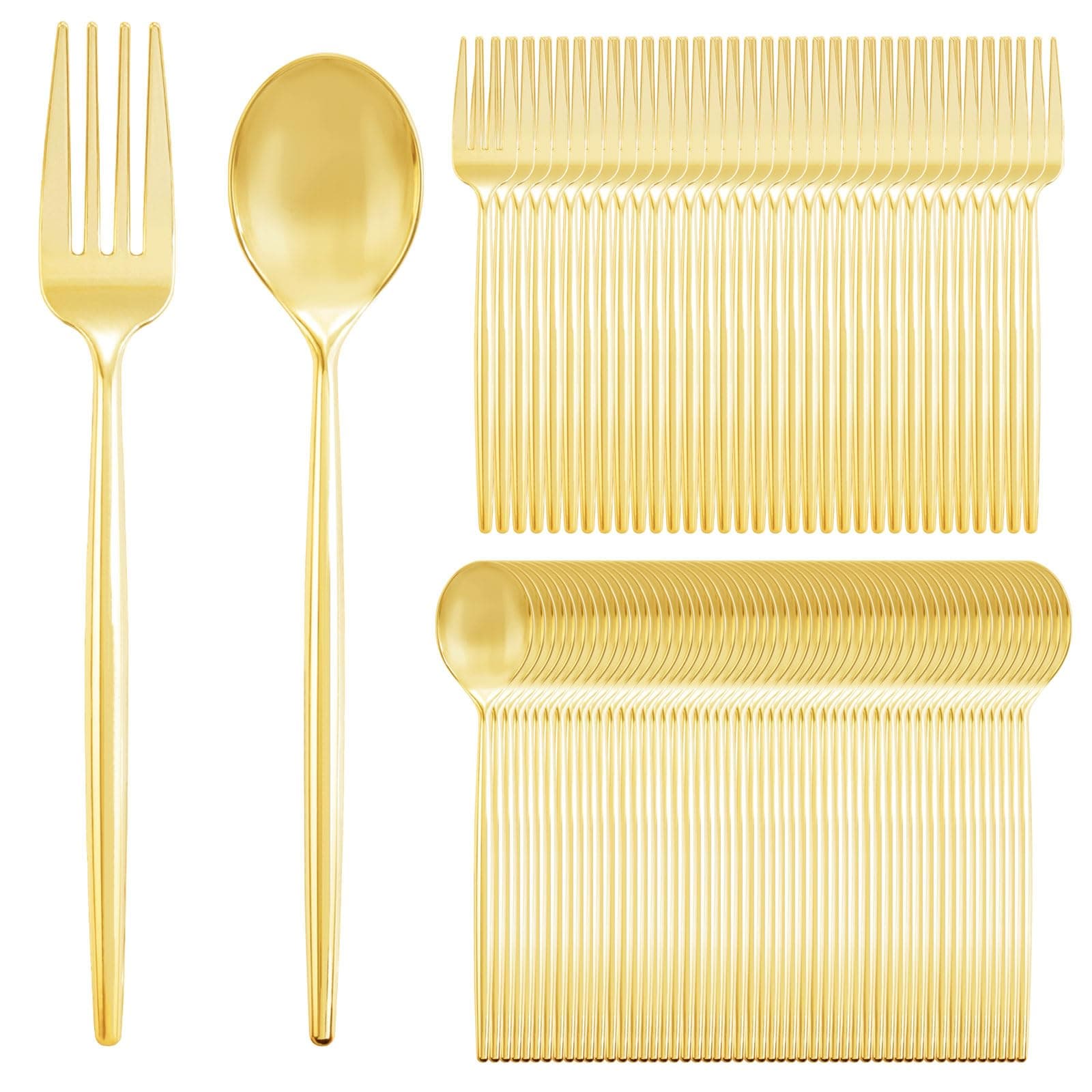 SUT 200PCS Gold Plastic Forks and Spoons Heavy Duty Set, Gold Disposable Silverware, gold Cutlery, Disposable Utensils, Plastic Flatware Includes 100 Forks, 100 Spoons for Party