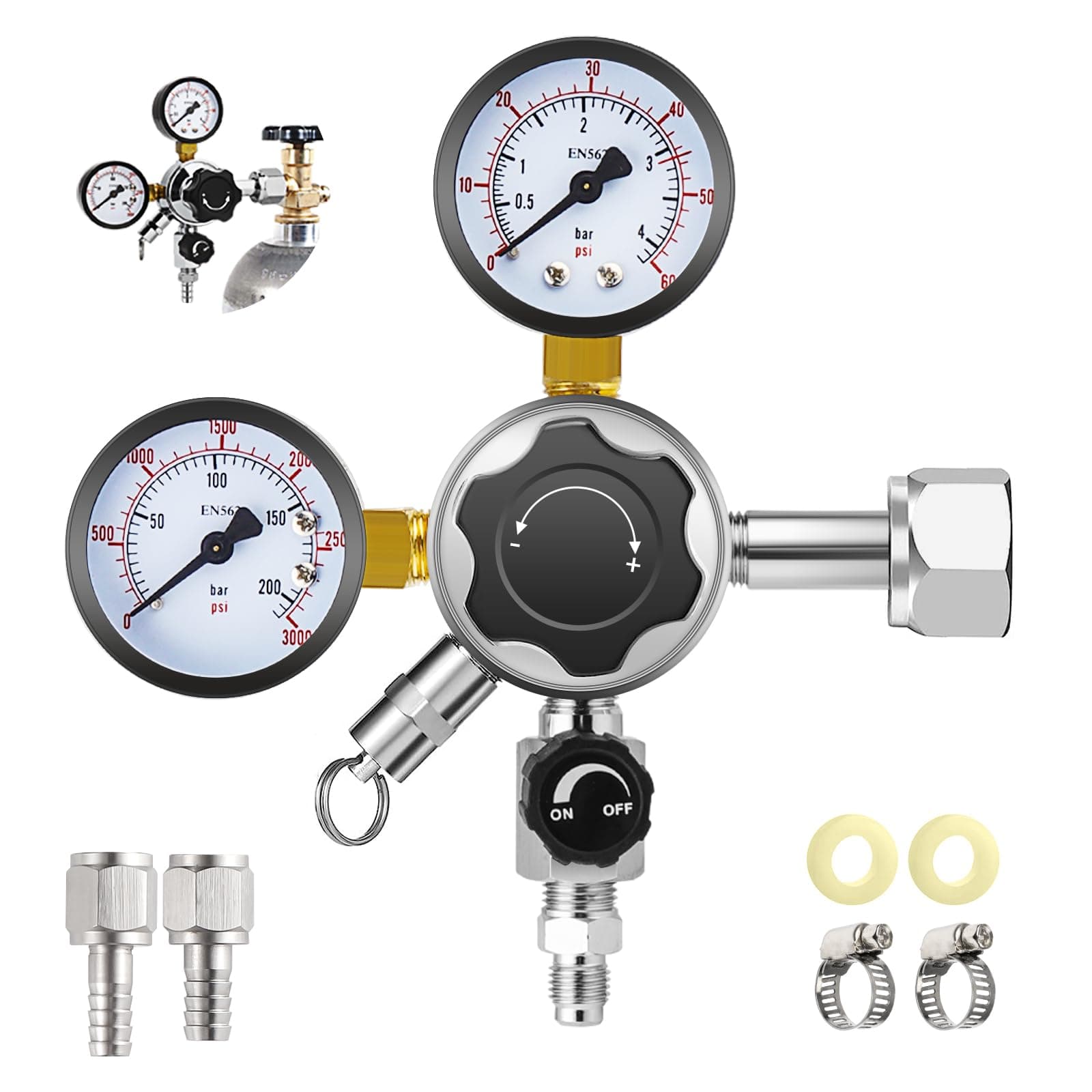 MRbrewCGA-320 Keg Regulator, Quick Disconnect CO2 Kegerator Regulator with Pressure Adjustment Knob, Beer Regulator with Safety Manual Pressure Relief Valve, with 2 Swivel Nut & 1/4’’ & 5/16’’ Barbs