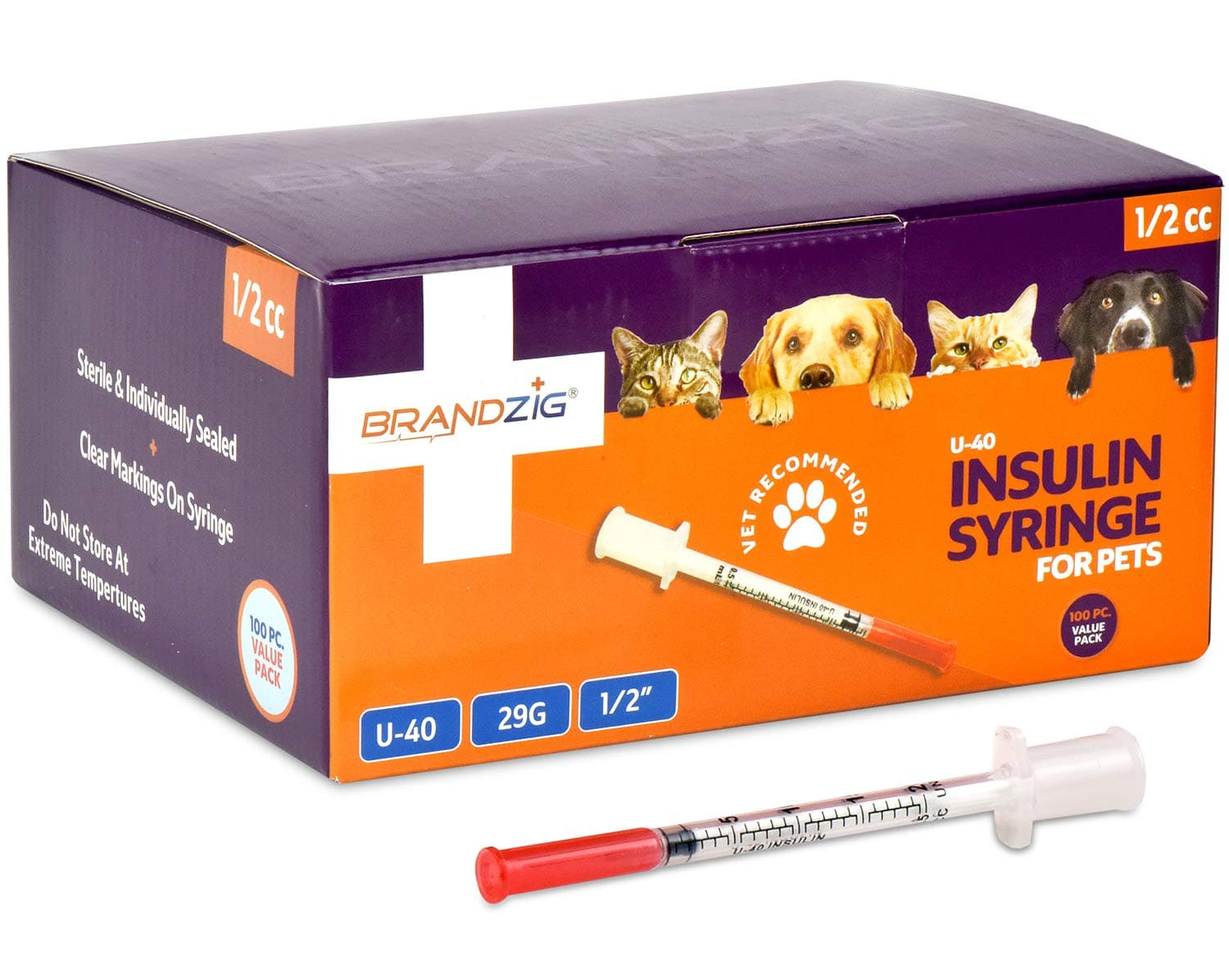 Brandzig U-40 Pet Insulin Syringes 29G 1/2cc, 1/2" 100-Pack