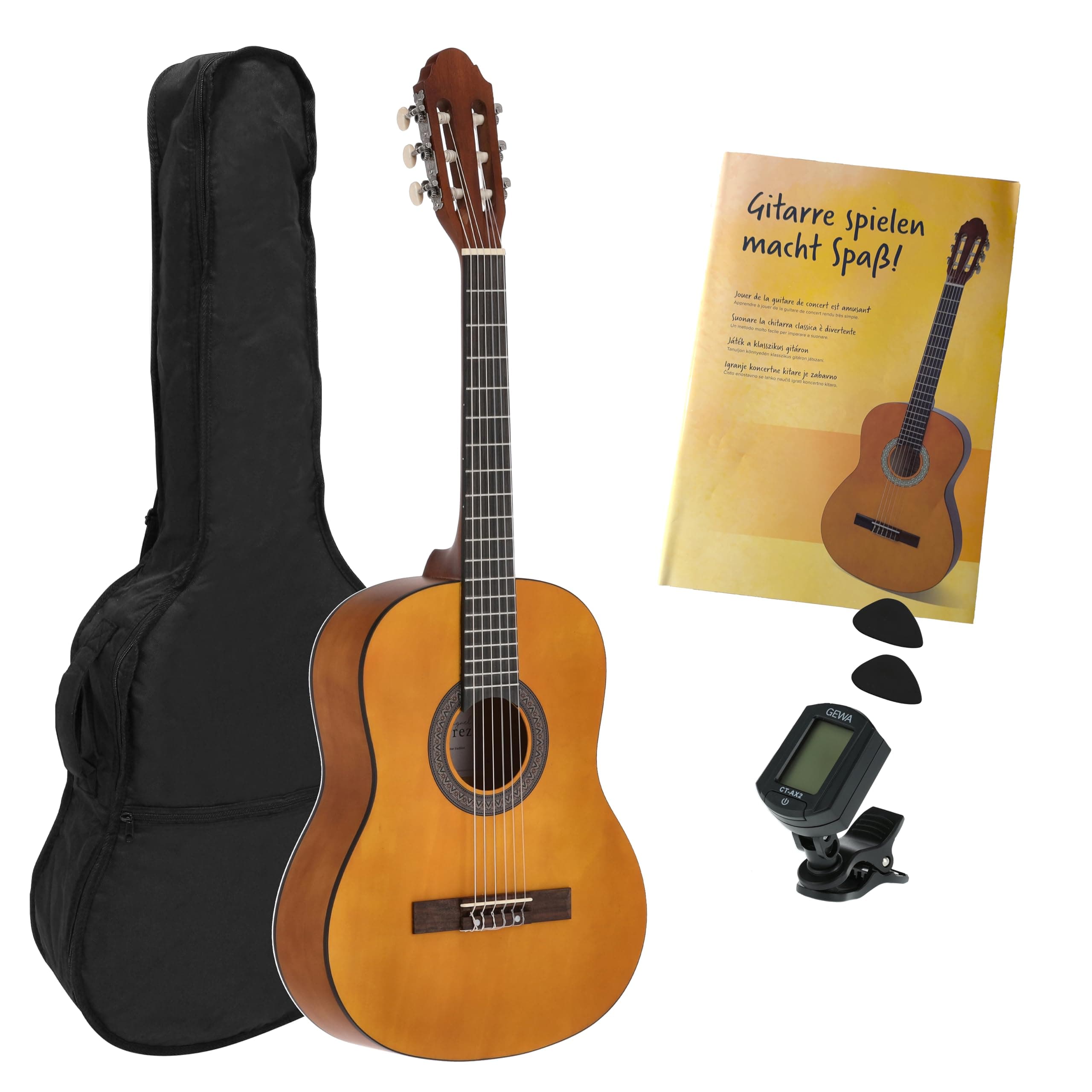 concert guitar - classical guitar - 3/4 honey - natural - starter set - incl. bag, plectrums, book, tuner