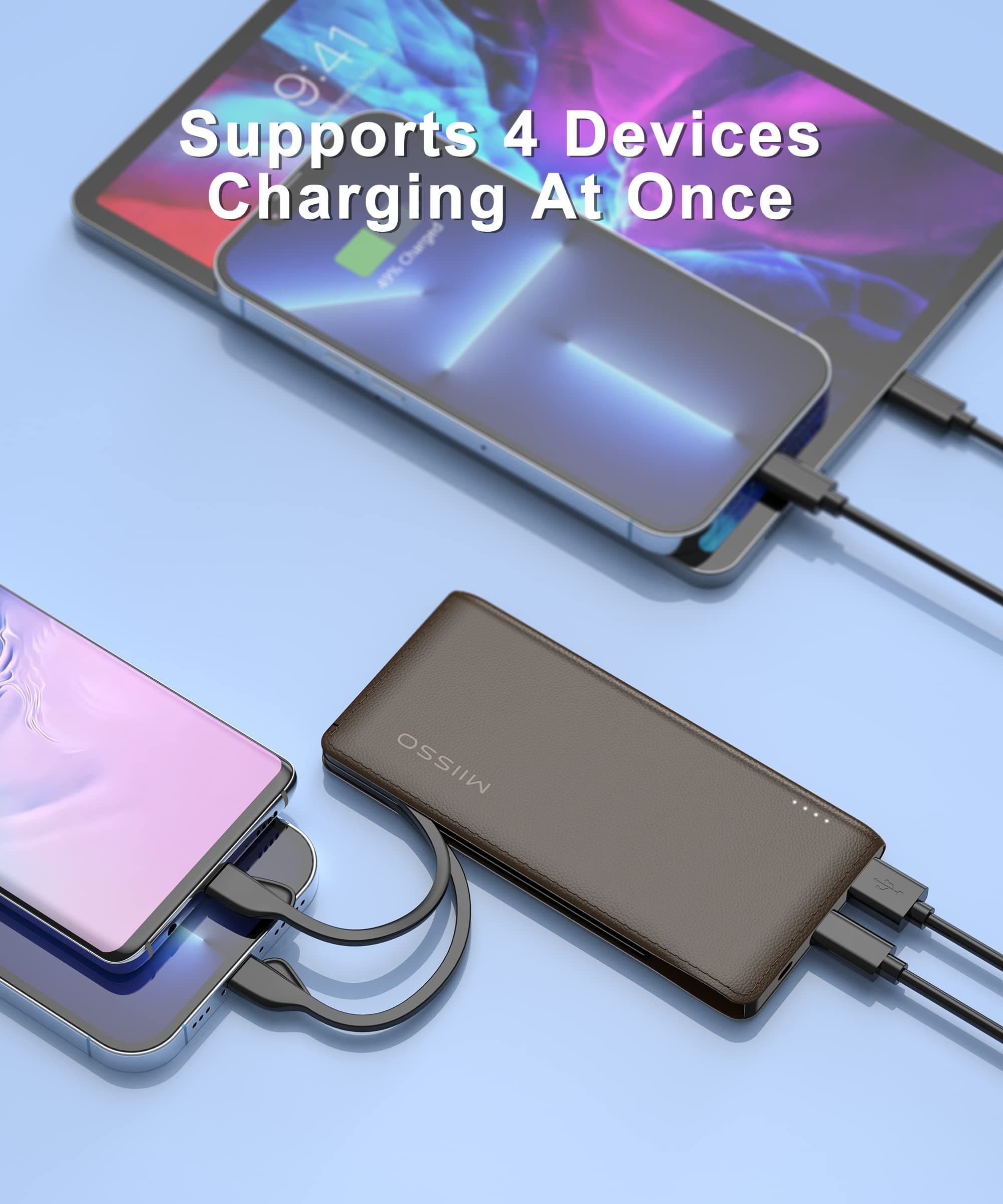 Alongza Portable Charger Built in Cable 10000mAh Power Bank Slim External Charger Lightweight Battery Backup Charger Cell Phone Battery Pack Fast Portable Power