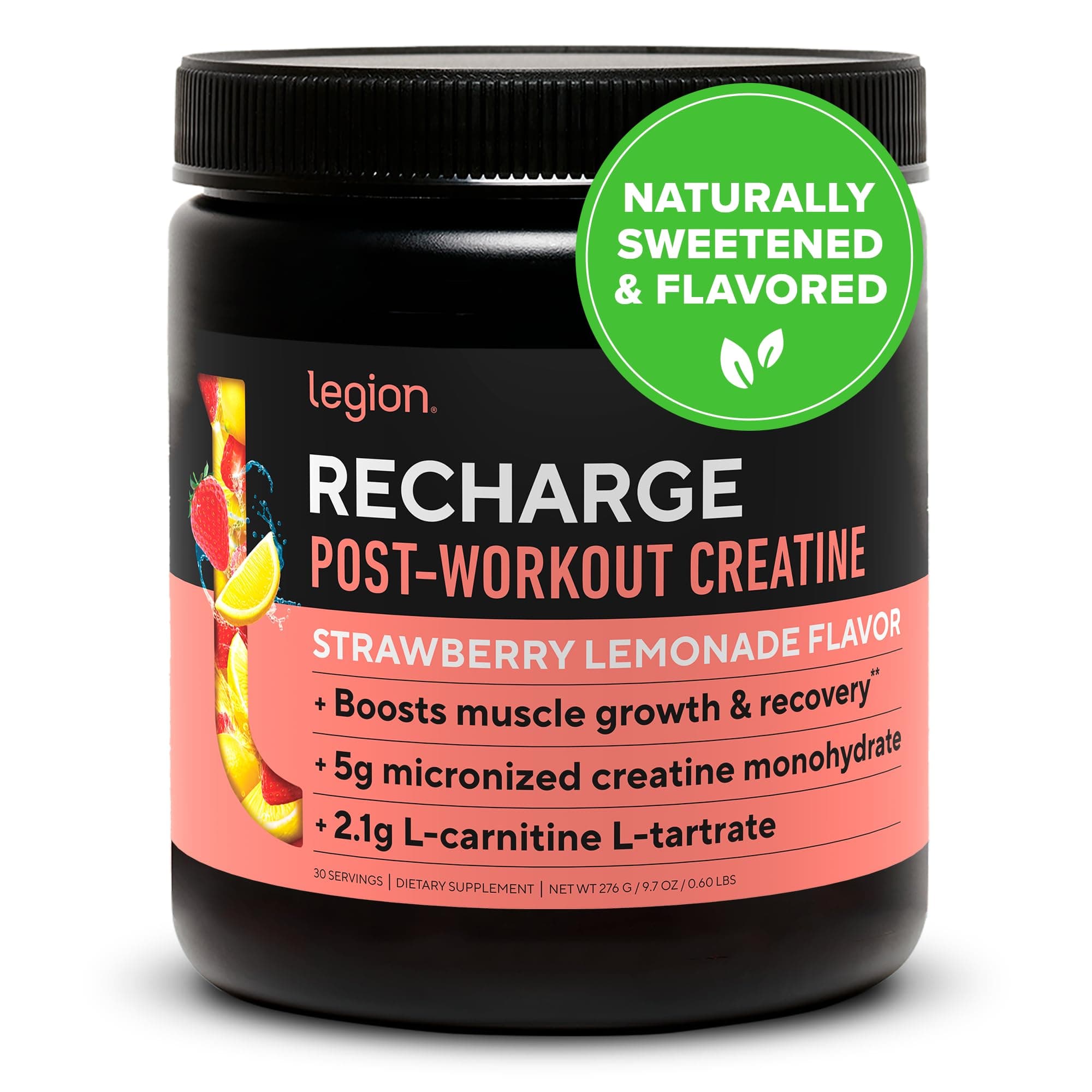 Recharge Post Workout Supplement - All Natural Muscle Builder & Recovery Drink with Micronized Creatine Monohydrate Naturally Sweetened & Flavored, (Strawberry Lemonade) | 30 Servings