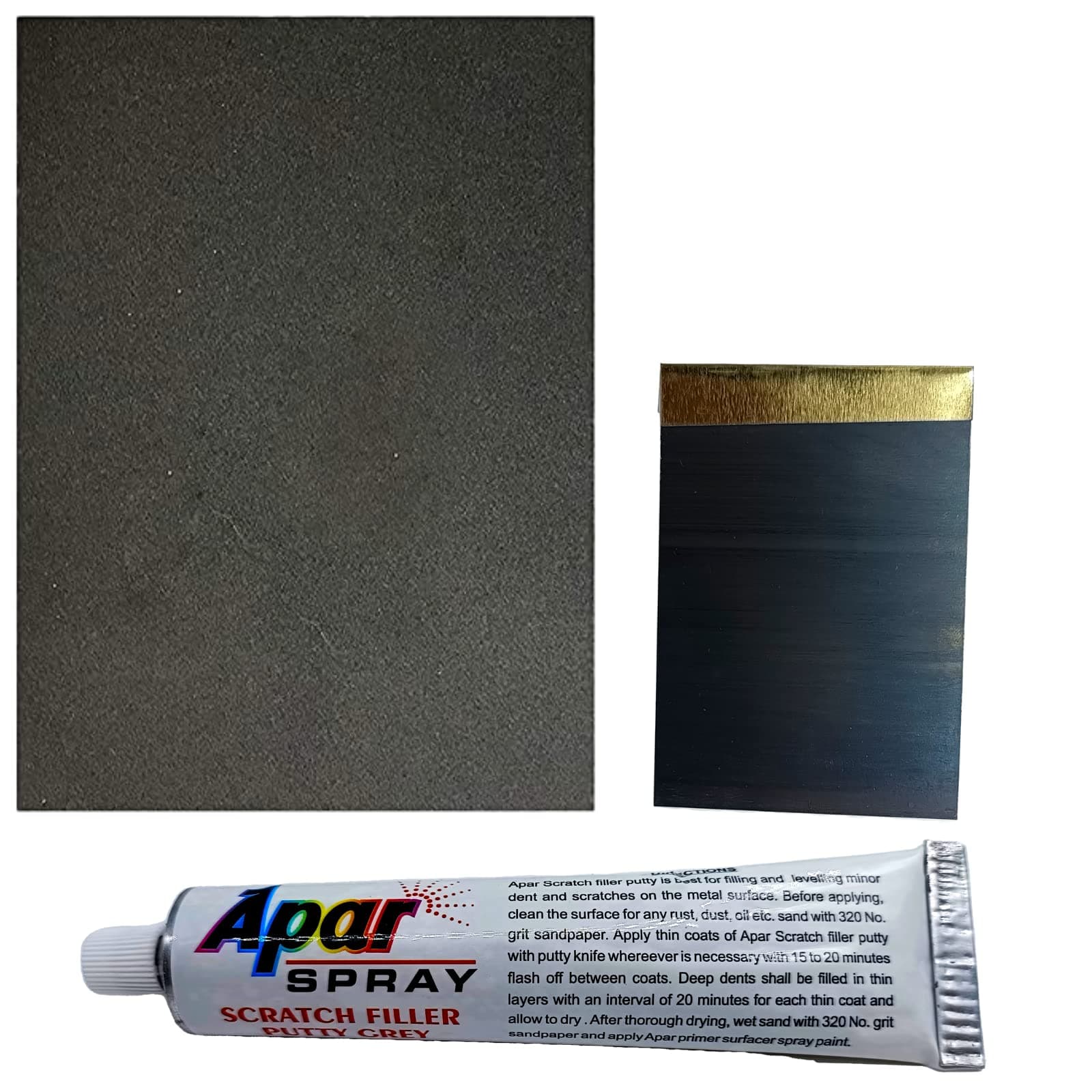 APAR Metal Scratch Filler Putty Tube Grey (50 Gms),1 Putty Knife And 320 Grit Sandpaper To Fill Scratches And Dent On Car, Bike, Etc.
