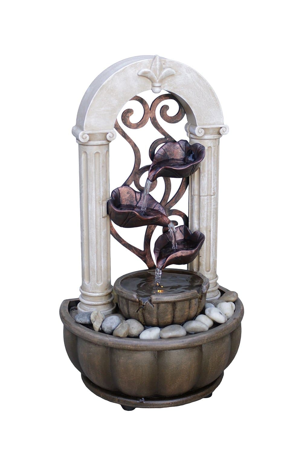 11"H Flowing Tiered Leafs Dual Power LED Fountain with Natural River Rocks (Adapter NOT Included)