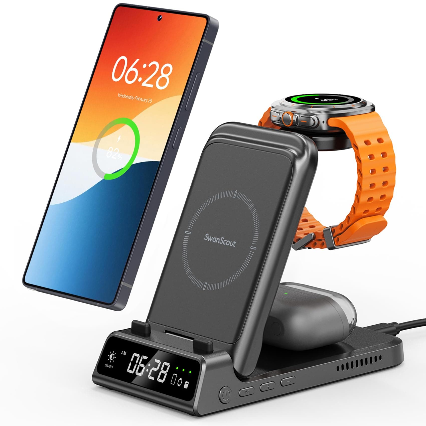Charging Station for Samsung, SwanScout 703S, Wireless Charger for Galaxy S25 Ultra/S25+/S25/S25 Edge/S24 Ultra/S24+/S24/S23, Galaxy Watch 8/8 Classic/Ultra/7/6/5, Galaxy Buds 3 Pro/3 (No Adapter)