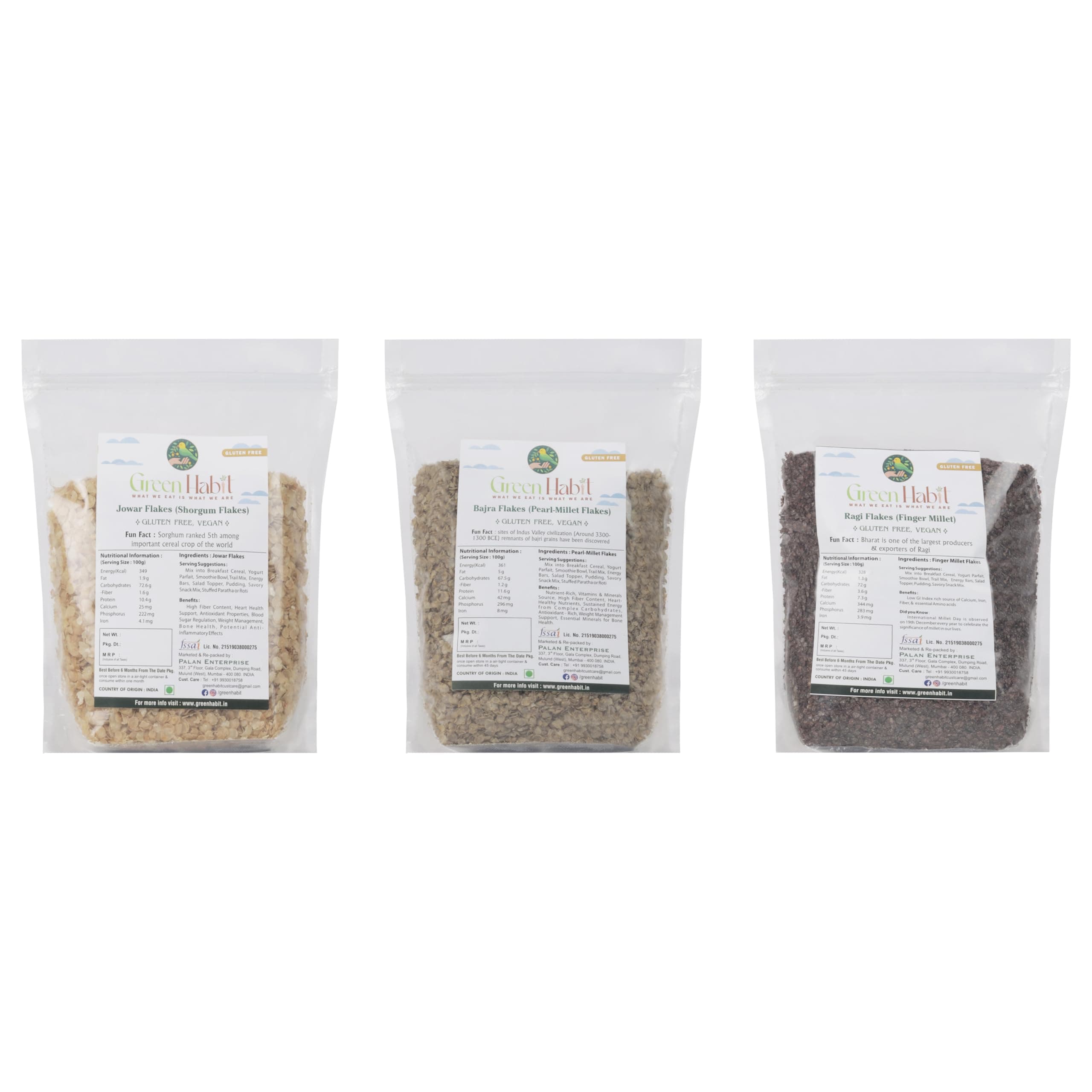 Jowar, Ragi & Bajra Flakes 250 gm each - Nutritious and Gluten-Free Millet Cereal Breakfast cold cereal Poha