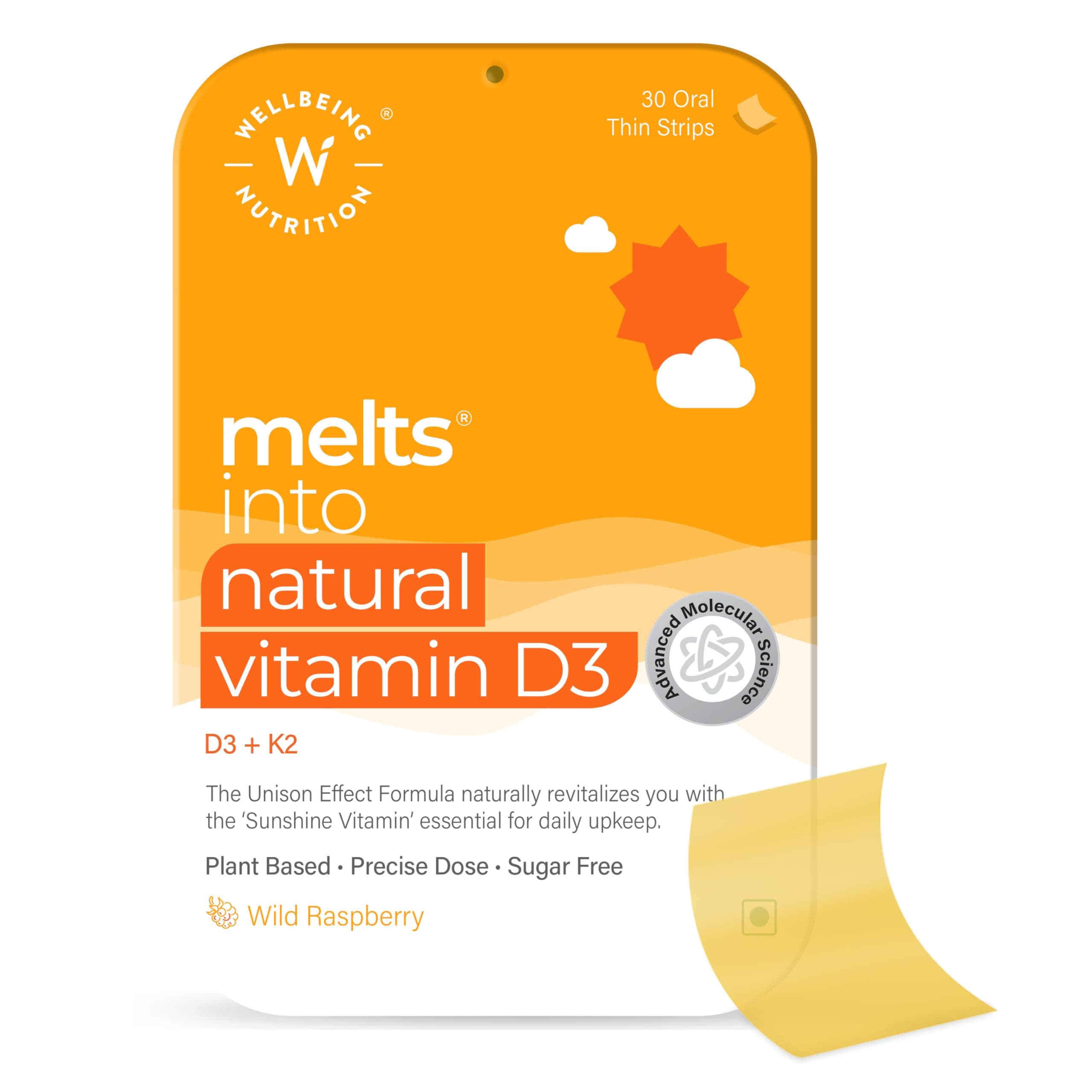 Wellbeing Nutrition Melts Natural Vitamin D3 + K2 Supplement for Immunity, Heart, Muscle, Bone, Cellular Protection | Vitashine, Resveterol & MenaquinGold | 30 Oral Strips