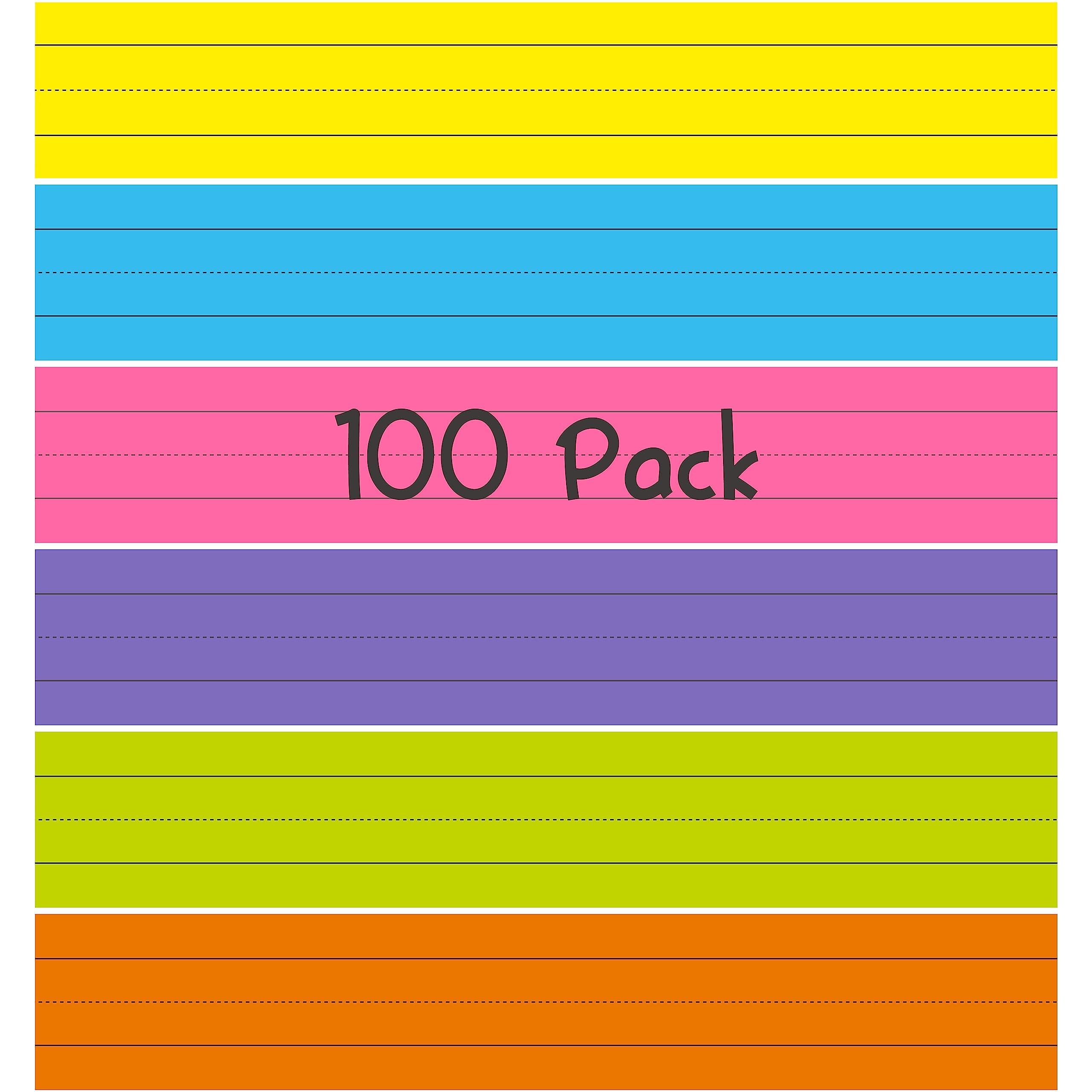 100 Pack Sentence Strips, Ruled Sentence Strip Lined Paper for Handwriting Practice Learning Tool Classroom School, Office Supplies (6 Assorted Colors, 17” x 3”)