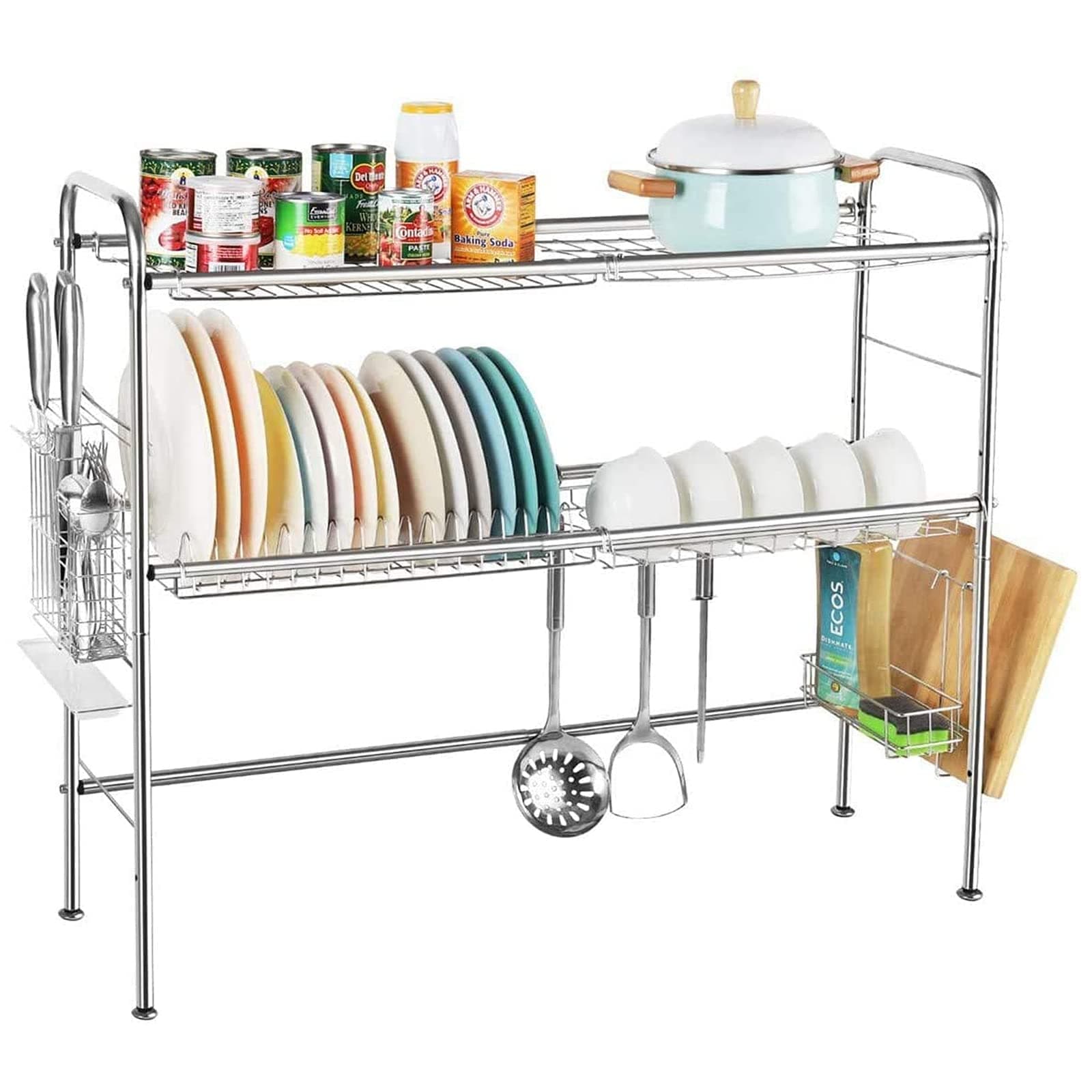 Over The Sink Dish Drying Rack, 2-Tier Stainless Steel Large Capacity Drying Dish Rack with Utensil Holder, Kitchen Organizer and Storage Rack, Length Adjustable (Sink Size ≤ 35 INCH)