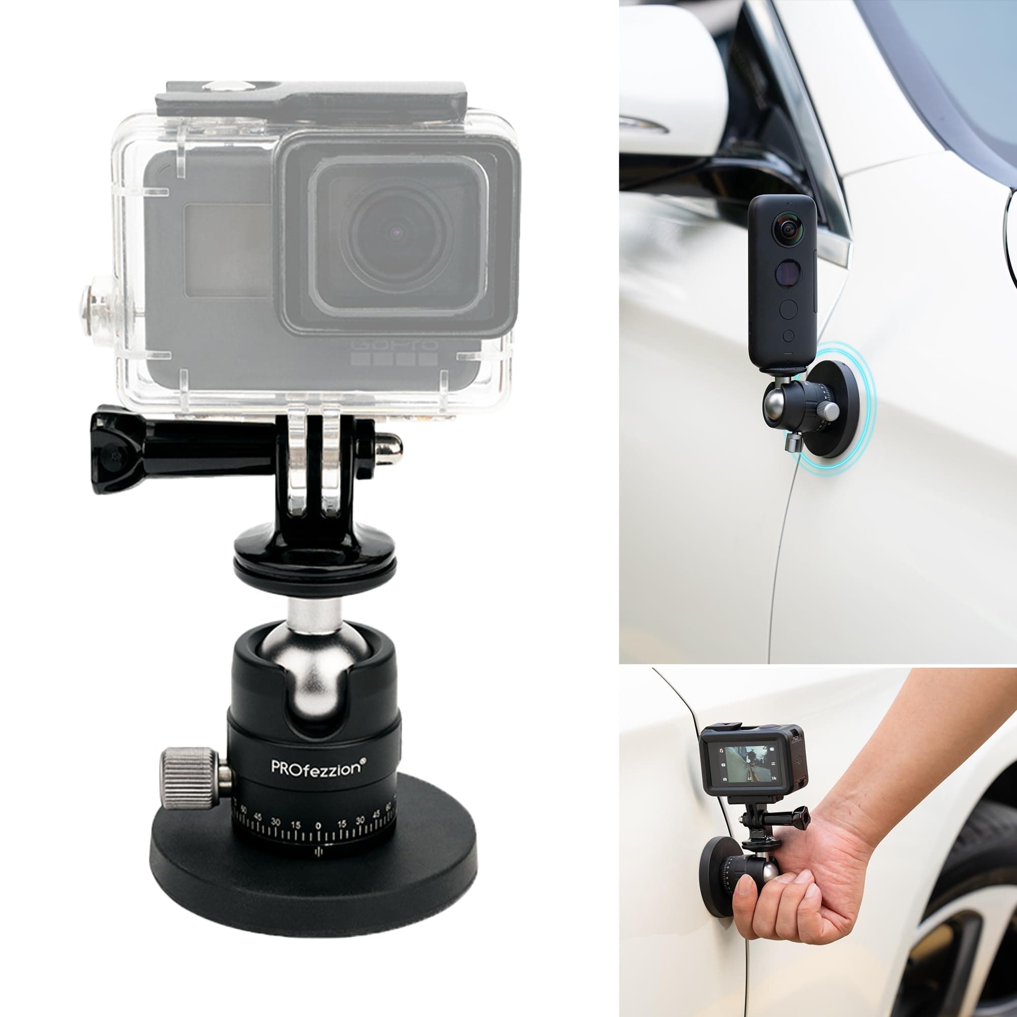 PROfezzion Magnetic Mount for GoPro, Strong Manget Base with Detachable 360° Rotation Ball Head for GoPro Hero 13/12/11/10/9/8/7/6, Insta360 X5/X4/X3/Ace/Ace Pro, DJI Osmo Action 5/4/3 Action Cameras