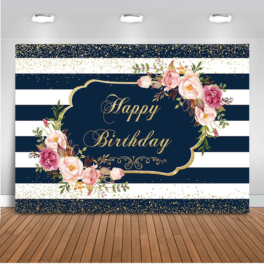 Mocsicka Floral Birthday Backdrop Navy Blue and White Stripes Birthday Photography Background 7x5ft Vinyl Happy Birthday Party Backdrops