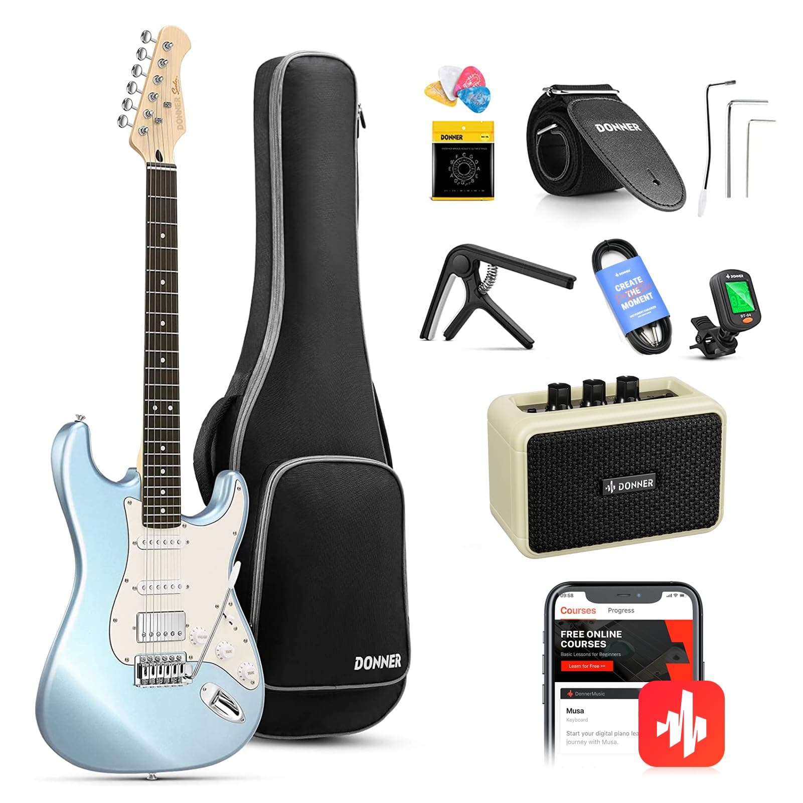 Donner DST-152R Electric Guitar, 39" Beginner Electric Guitar Kit, HSS Pickup with Coil Split, Guitar Starter Set with Amp, Bag, All Accessories, Metallic Ice Blue
