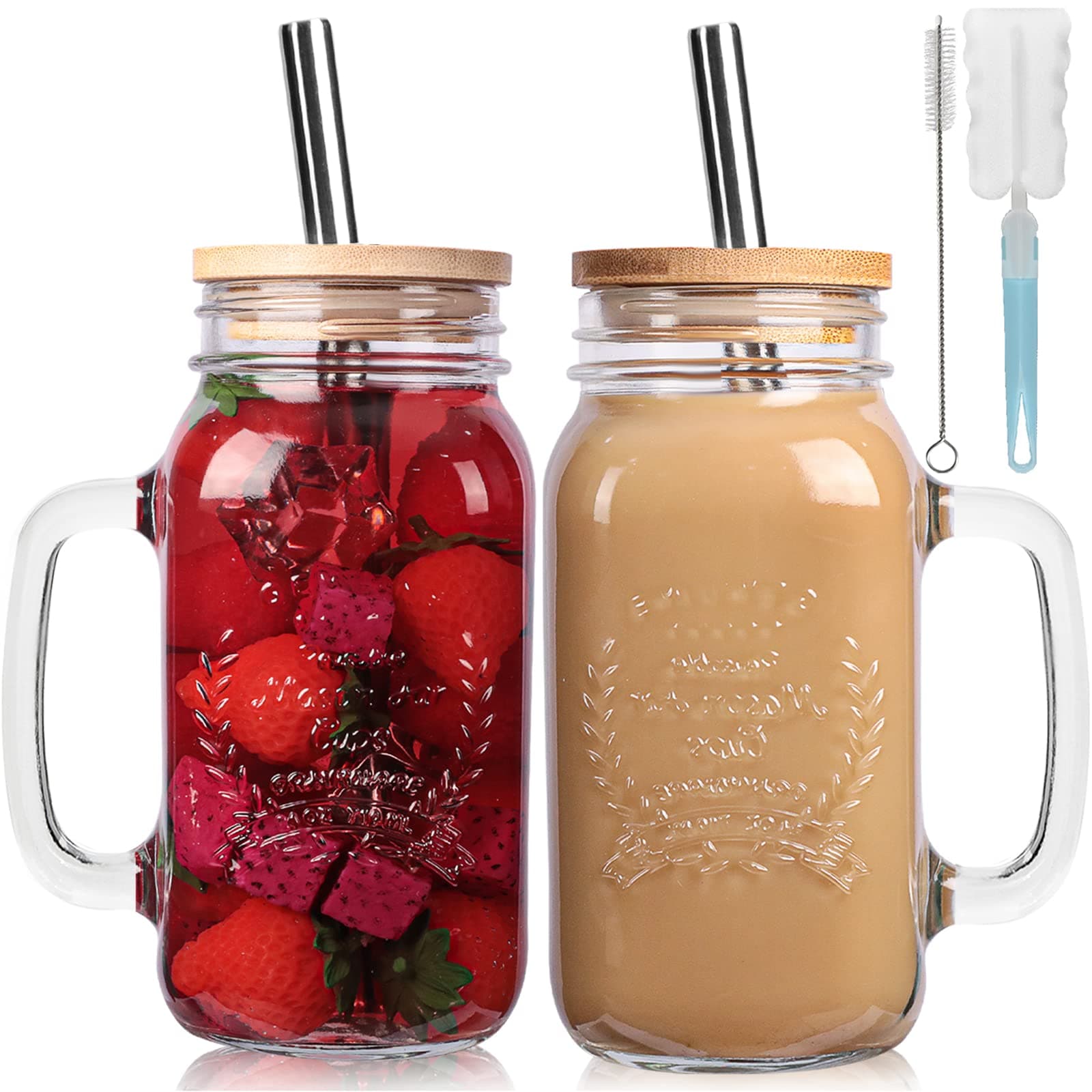 2 Pack 24Oz Mason jar cups with lids and straws, Mason Jars with Handle, Mason Jar Drinking Glasses with Lid and Straw, Mason Jar Mugs