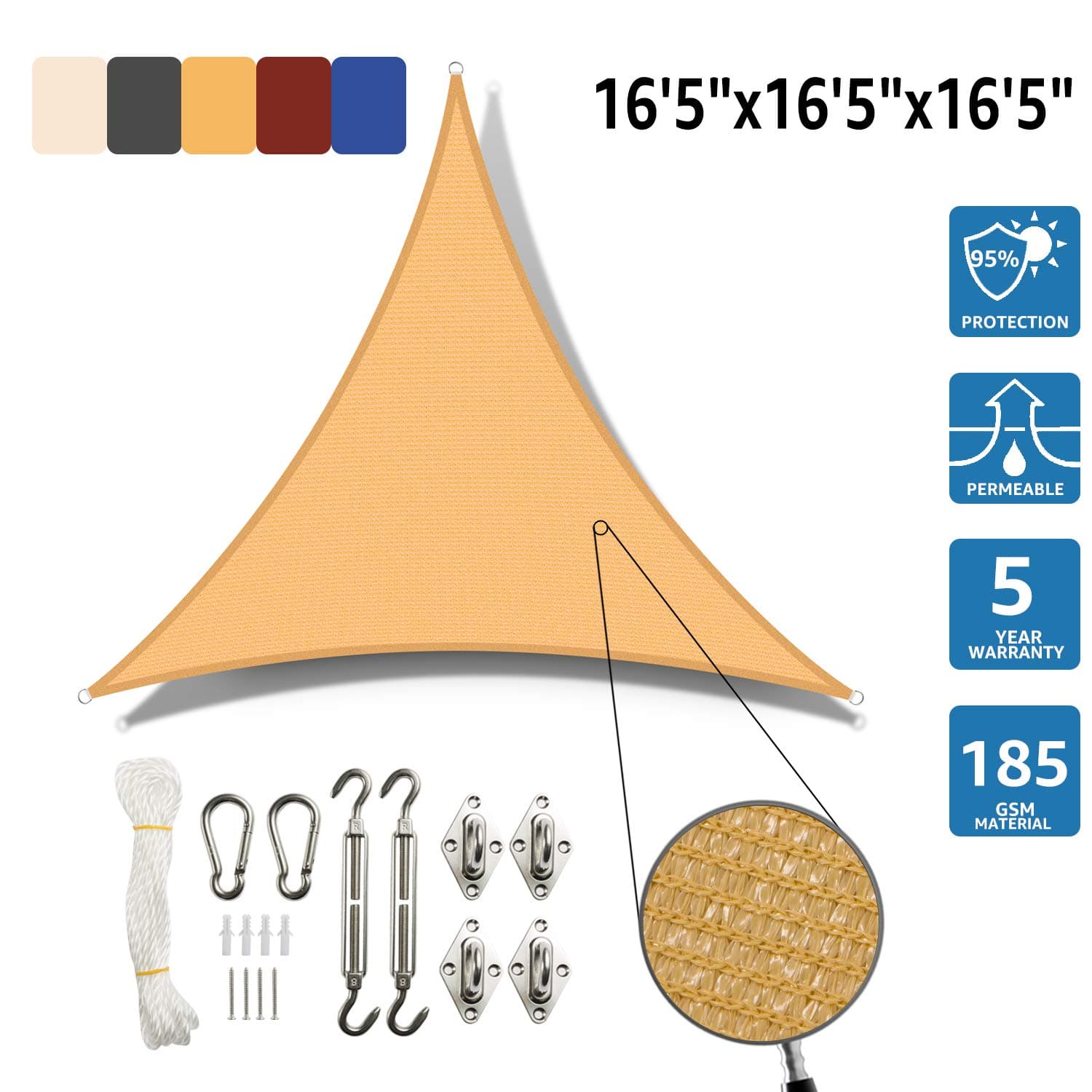 SunnyJoy Triangle 16.5'x16.5'x16.5' Sun Shade Sail with Stainless Steel Hardware Kit, Perfect for Outdoor Patio Garden, Sand