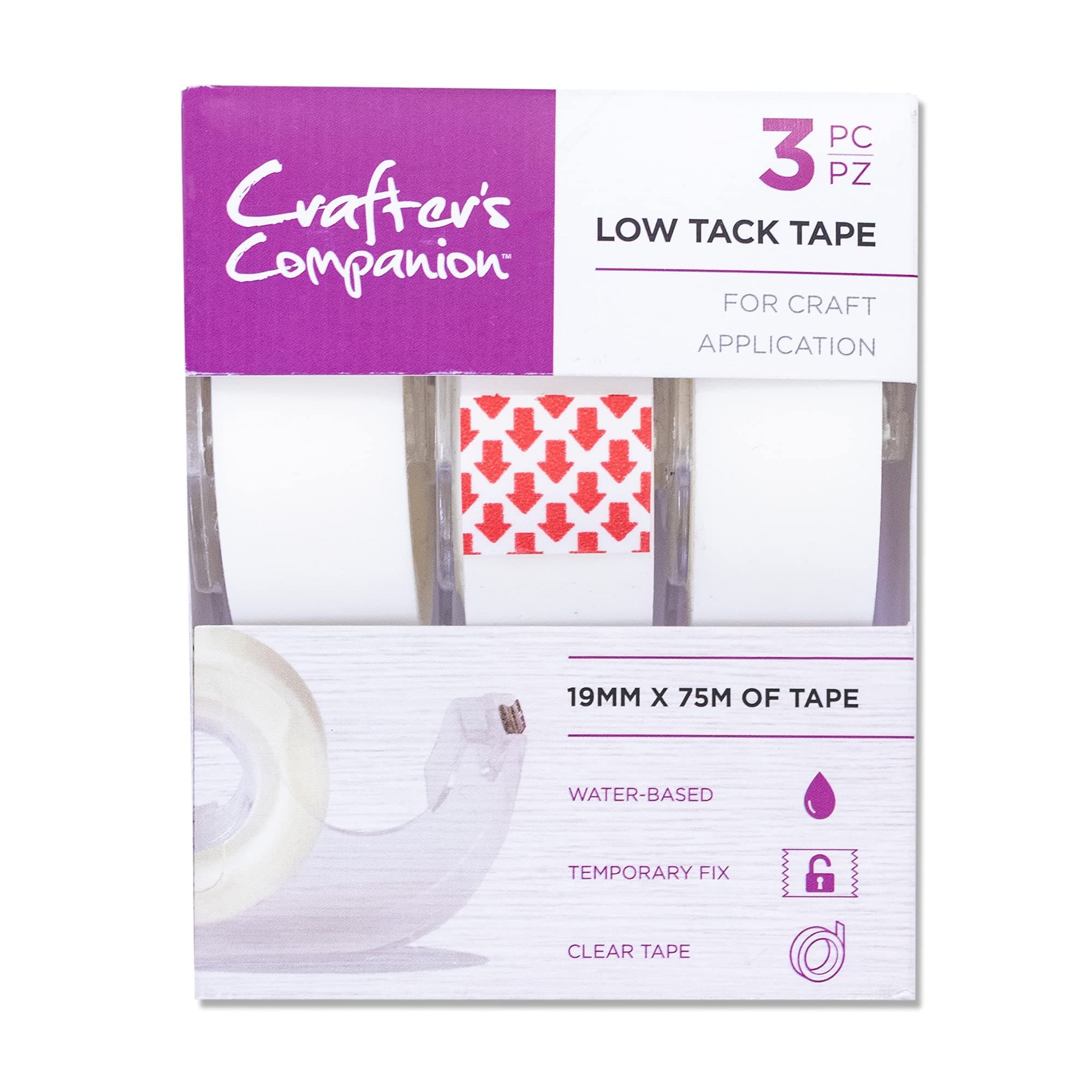 Crafter's Companion Low Tack Tape for Paper and Card Projects - Pack of 3 - Perfect for Using on Stencils, Masking and Inks - Each Roll Includes 75 metres (1.9cm thick), White