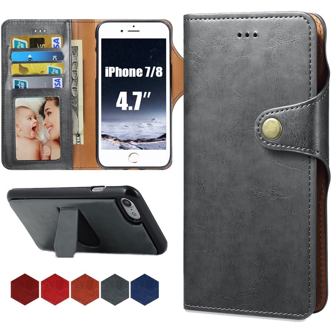 MAYISUMAI for iPhone 7 iPhone 8 Wallet Leather Case with Card Holder Folio Flip Cell Phone Protective Cover with Phone Stand Holder for Man and Women 4.7" (Gray)