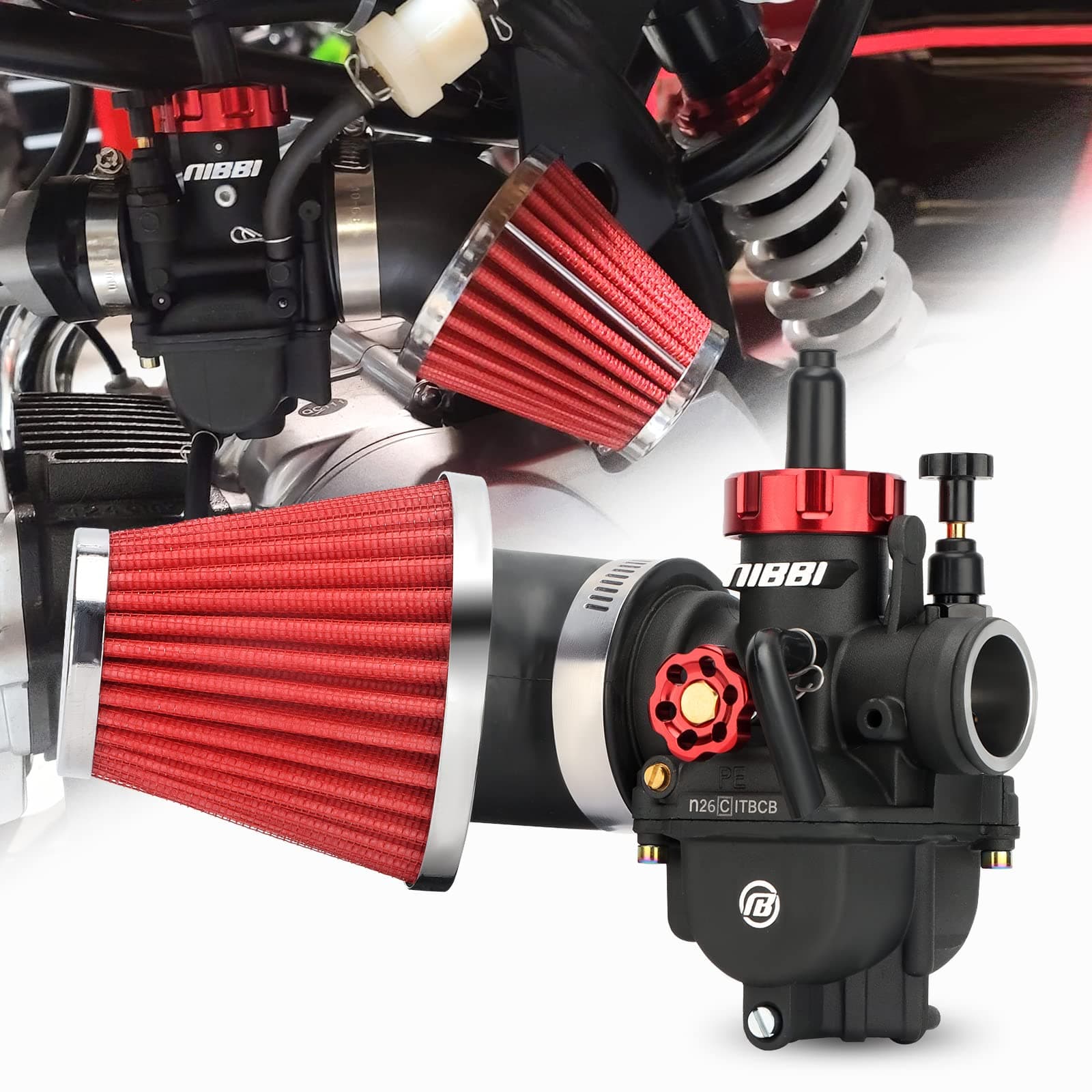NIBBI PE26 Carburetor with 48mm Air Filters Kit,Upgrade Dirt Bike Performance,Compatible with 150cc-200cc Apollo, TaoTao, Lifan, Honda, SSR,Pit Dirt Bike Motorcycles