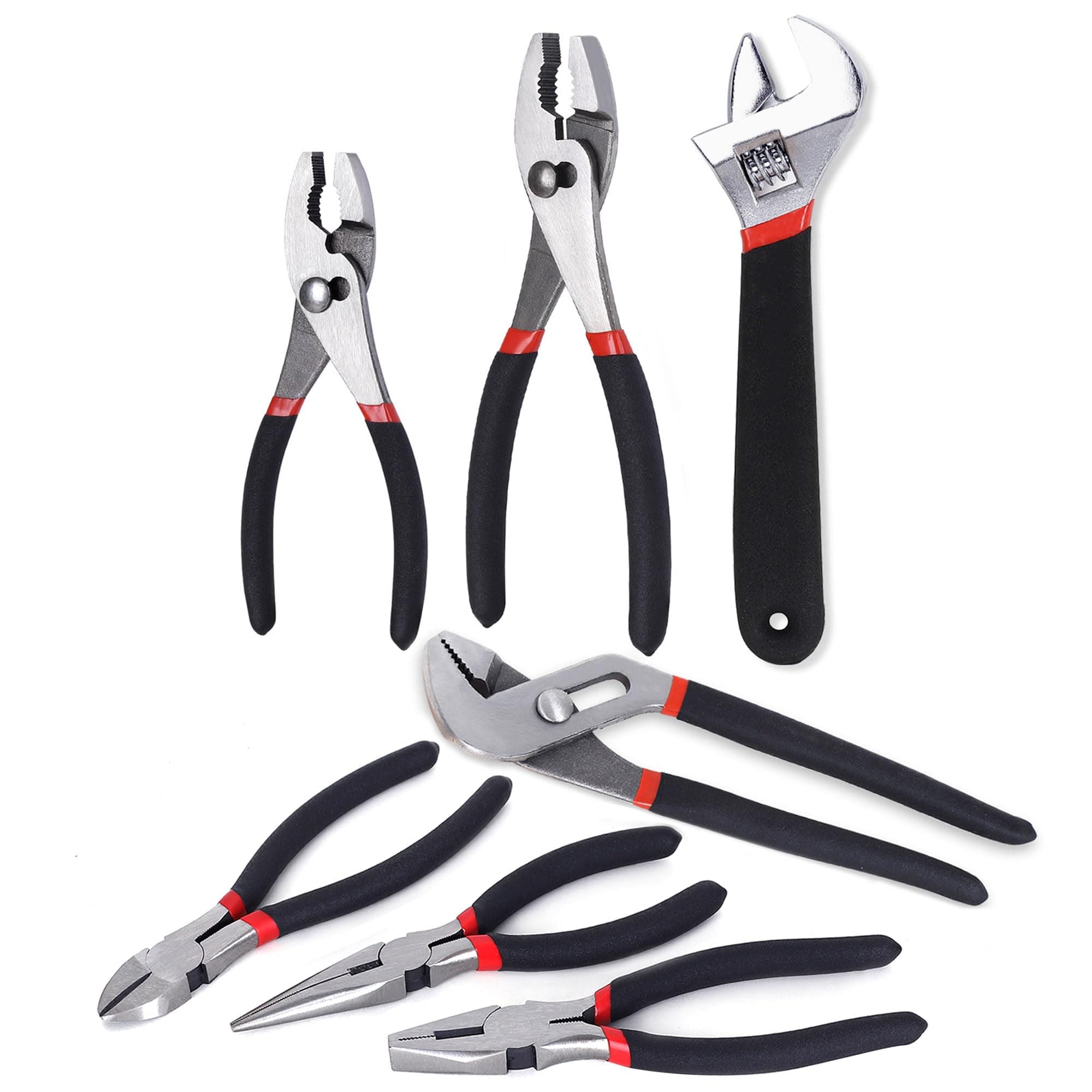 FASTPRO 7-Piece Utility Pliers and Wrench Set, Includes 8" Adjustable Wrench, 8" Groove Joint, 8" & 6" Slip Joint, 6" Long Nose, 6" Diagonal and 6" Linesman Pliers, Dipped Handle