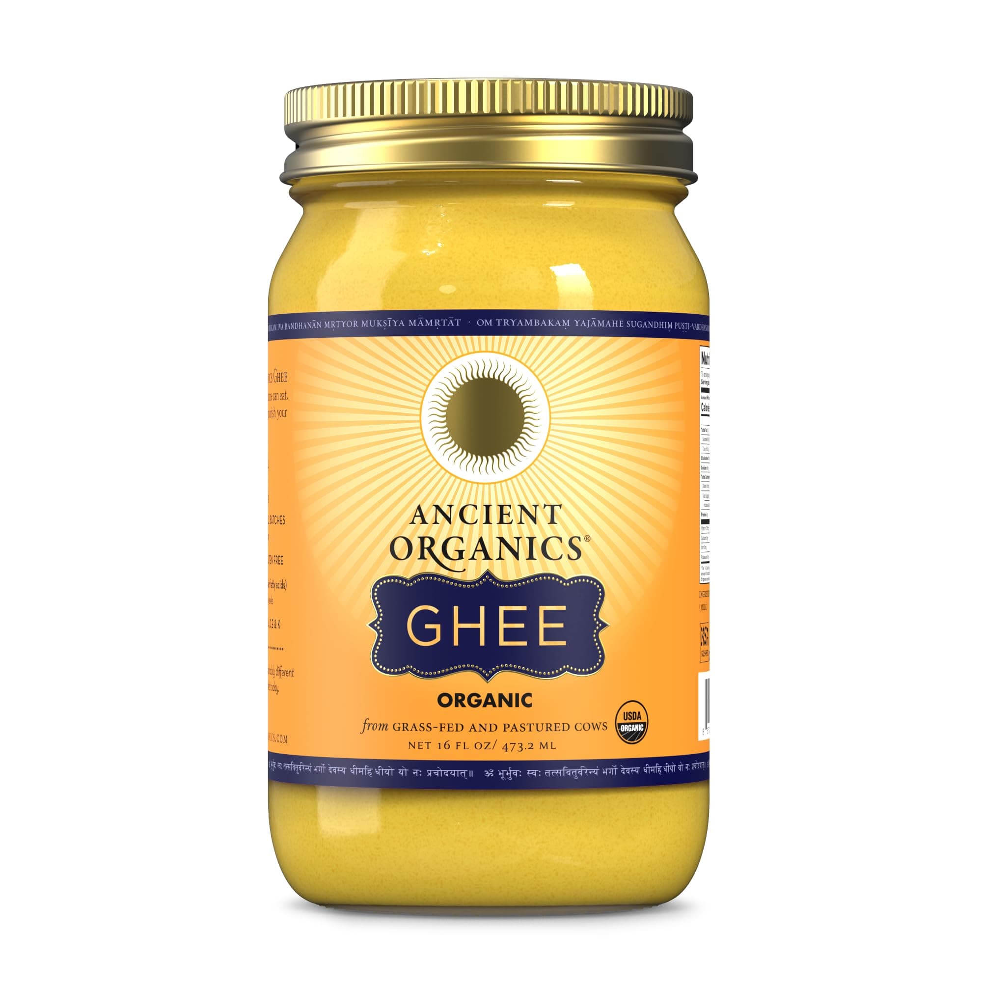 Ancient Organics Ghee, Organic Grass Fed Ghee Butter - Gluten Free, Clarified Butter, Vitamins & Omegas, Lactose Reduced, Kosher, USDA Certified - 16 Fl Oz (Pack of 1)
