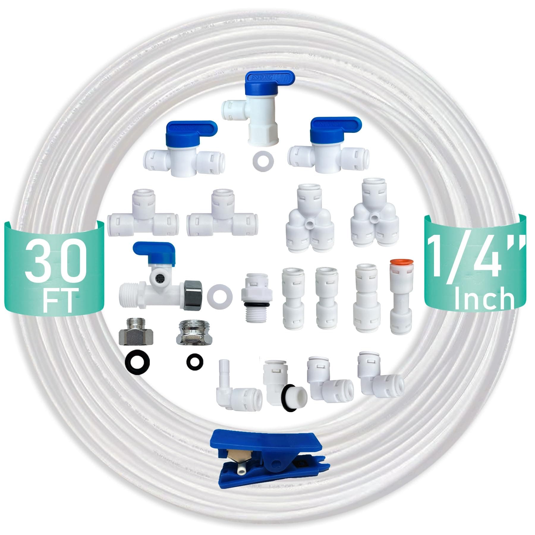 NSF Certified 1/4" O.D. Push to Connect Fittings for RO (Reverse Osmosis) Water Filter(with Shut-Off T Valve)18 pcs+30 feet 1/4" Water tubing.