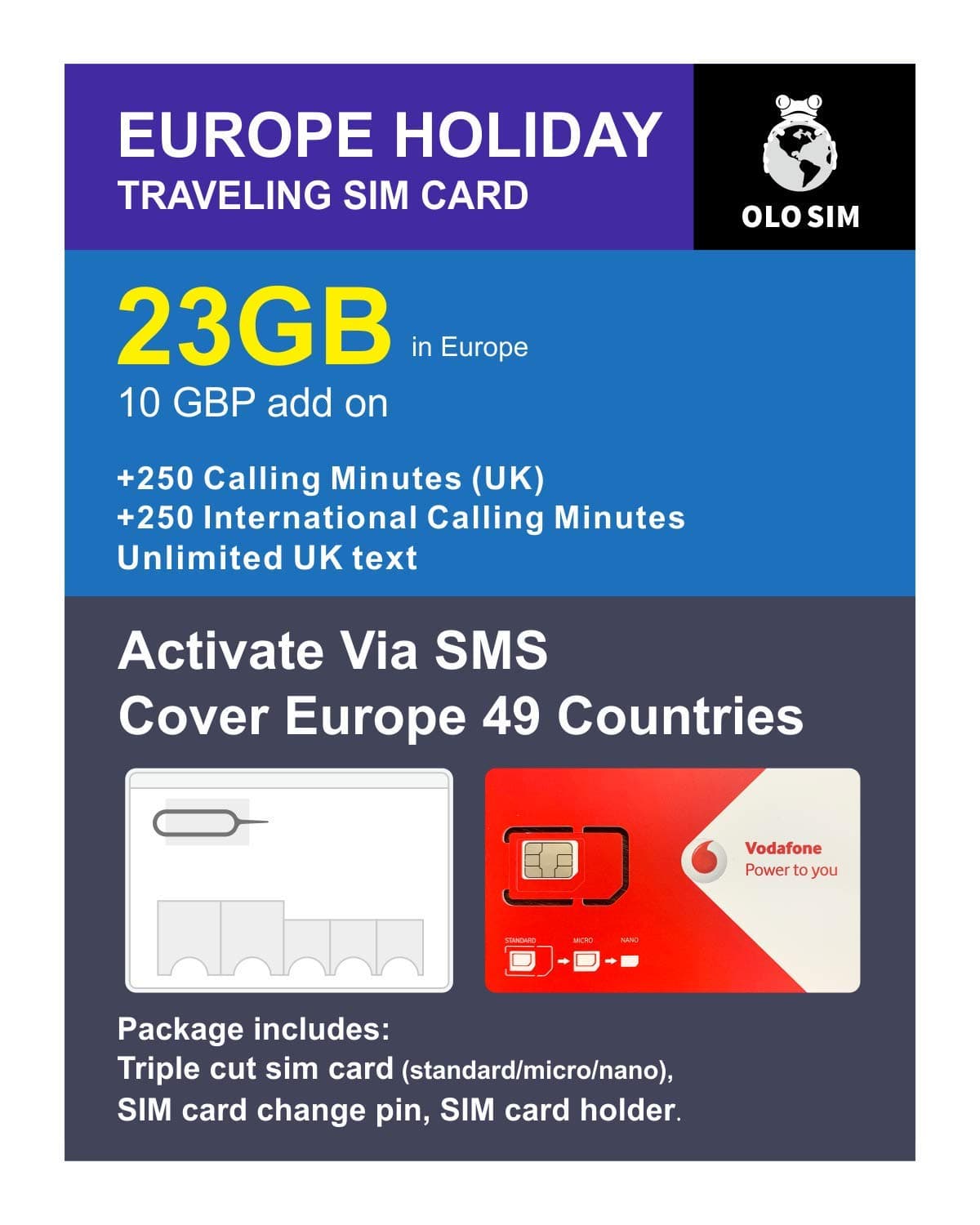 OLOSim Europe Travel Sim Card 30 Days Prepaid 23GB Data and International Calling Minutes Included Sim Change Pin and Holder