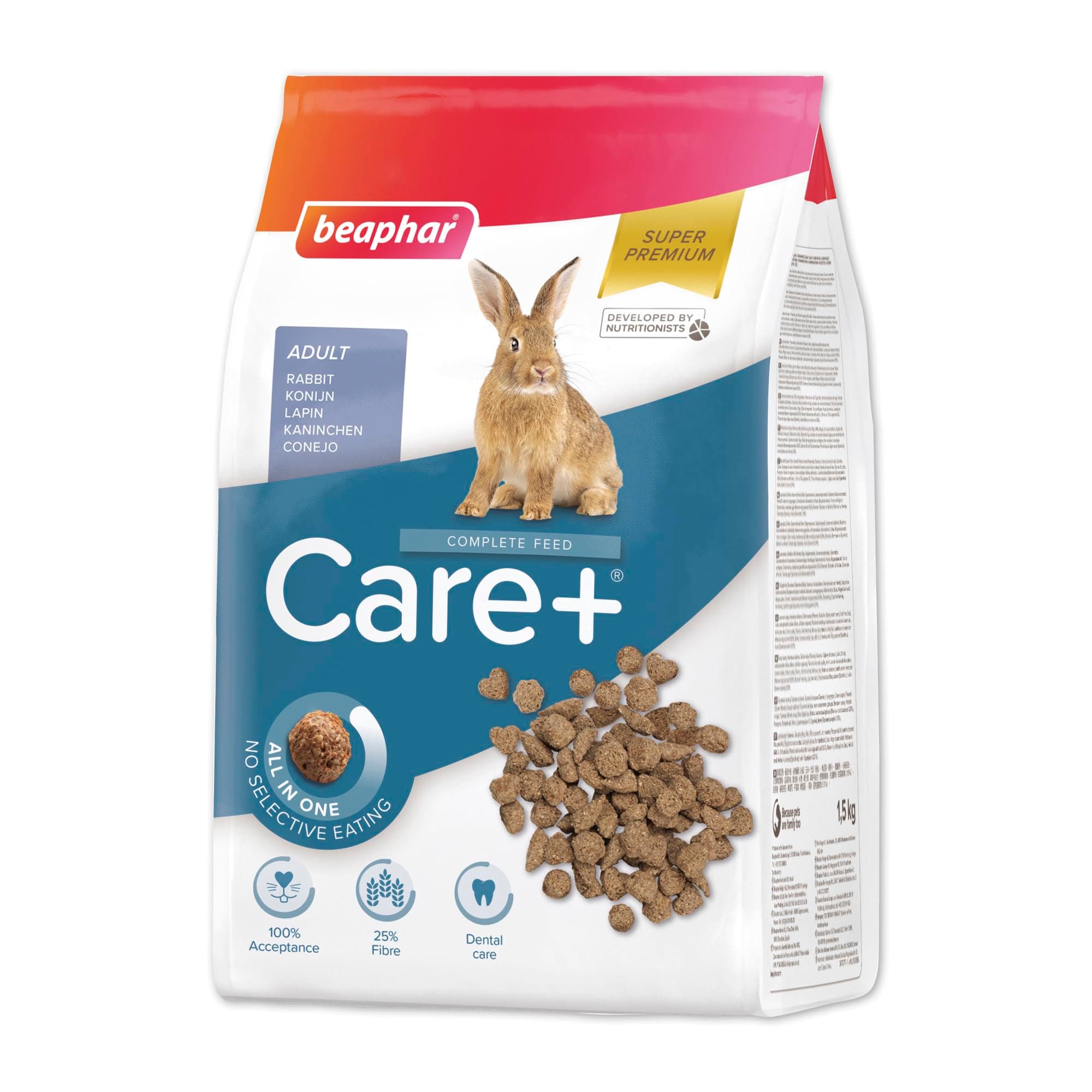 Care+® Rabbit Food 1.5kg - All-in-one super-premium rabbit food Prevents selective feeding High fibre & prebiotics to support digestion - No added sugar/colours - From 10 months to 6 years