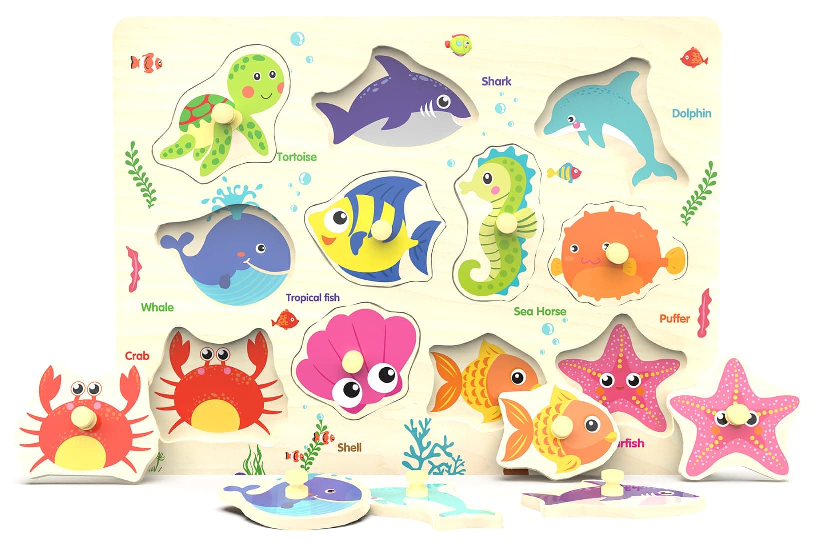 Wooden Peg Puzzle, Sea Creature Chunky Baby Puzzles, Colorful Wood Shape Puzzle Peg Board, Animal Knob Puzzles for Educational Toddlers 18 Months and Up, 11 Pieces