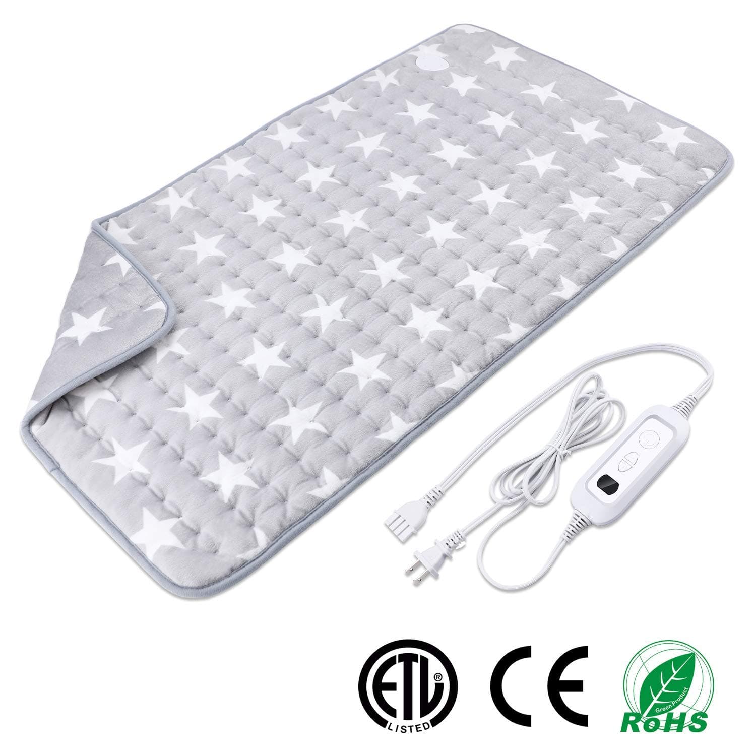 XXX-Large Heating Pad for Muscle Pain Relief with Strap, Electric Heat Therapy Heating Pad with Auto Shut-off, Fast Heat-up with 6 heating levels,Super Soft Material (33.5''x17.7'', Gray-Star Pattern)