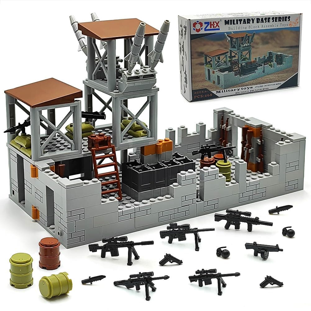 Military Base Building Brick Set for Army Minifigure War Accessories, Defence Base Guard Tower Guns Weapons Building Block Toy for Kids 8 10 12 14 Years, HXYBASE-1