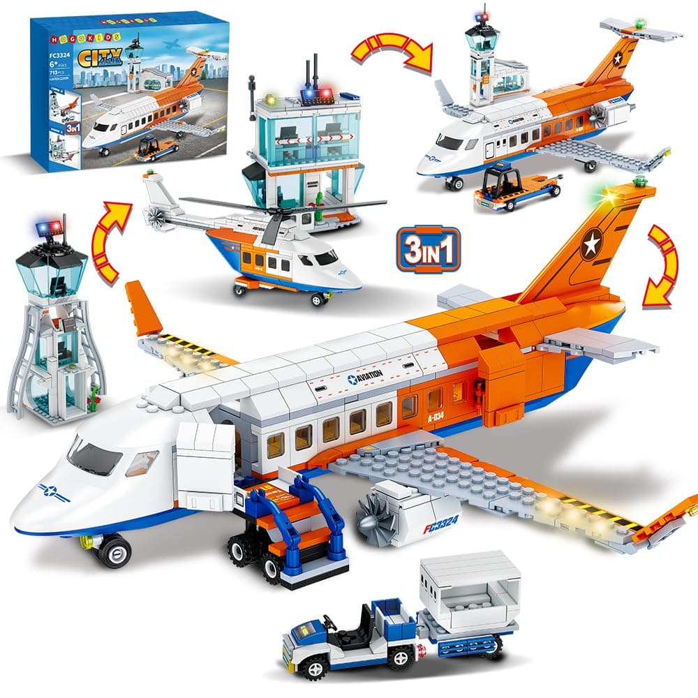 HOGOKIDS City Passenger Flight Aeroplane Construction Kit - 3 in 1 Airport Helicopter Airplane Building Block Toy with Luggage Truck Radar Tower Shuttle Bus for Boys Girls Children Adults 6 7 8 9+