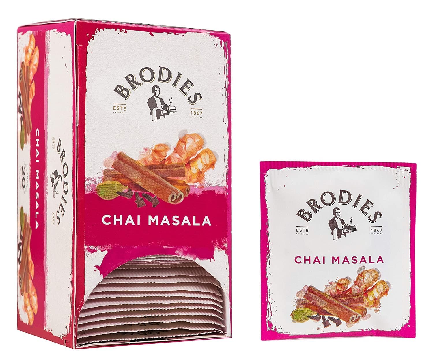 Brodies Tea, Chai Masala Tea Imported from Scotland, Box of 20 Tag and Envelope Bags (Pack of 1)