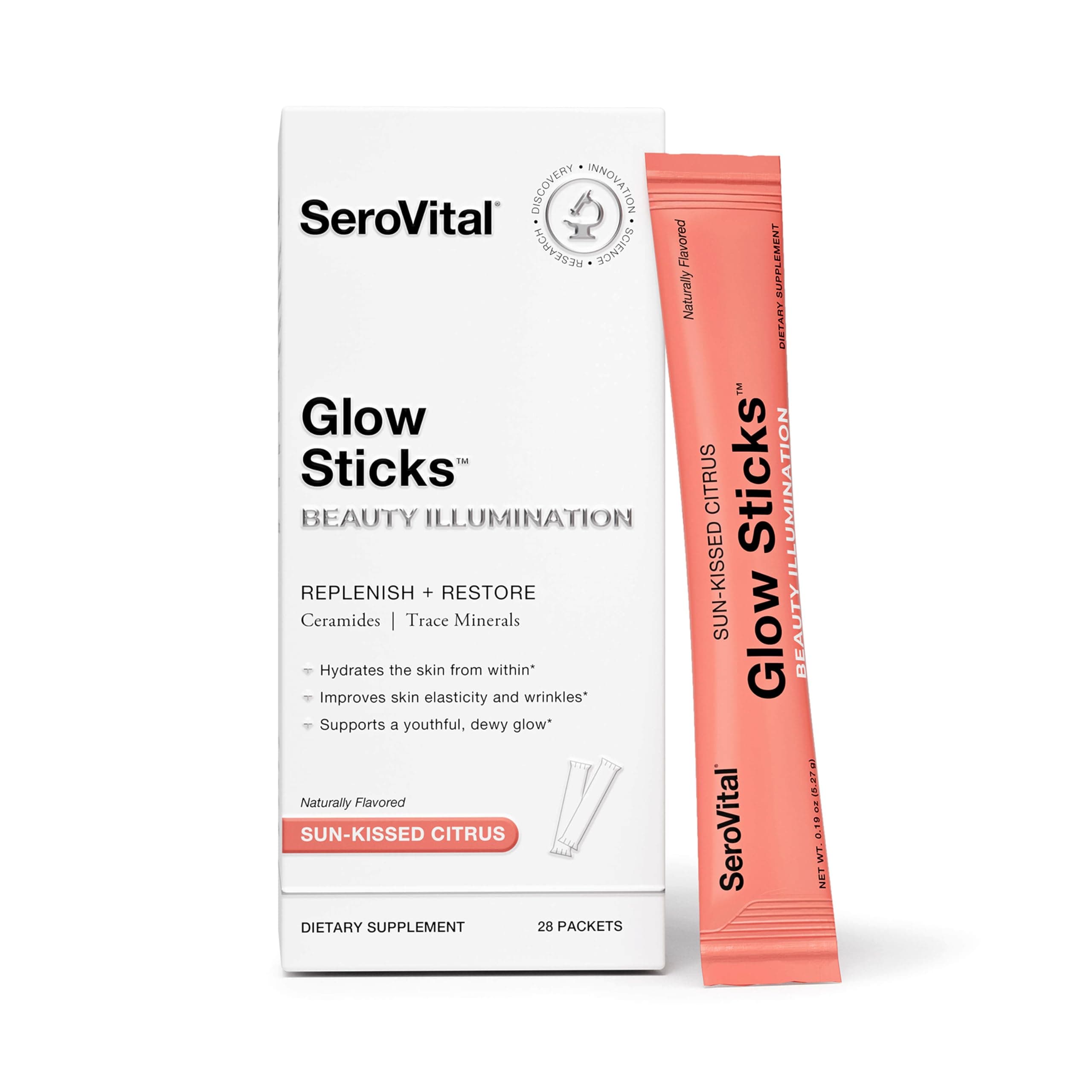 SeroVital Glow Sticks Beauty Powder Improves Skin with Ceramides, Hyaluronic Acid, Electrolytes, and Vitamin C in Delicious 5-Calorie Packets* – 28 Packets, Sun-Kissed Citrus Flavor