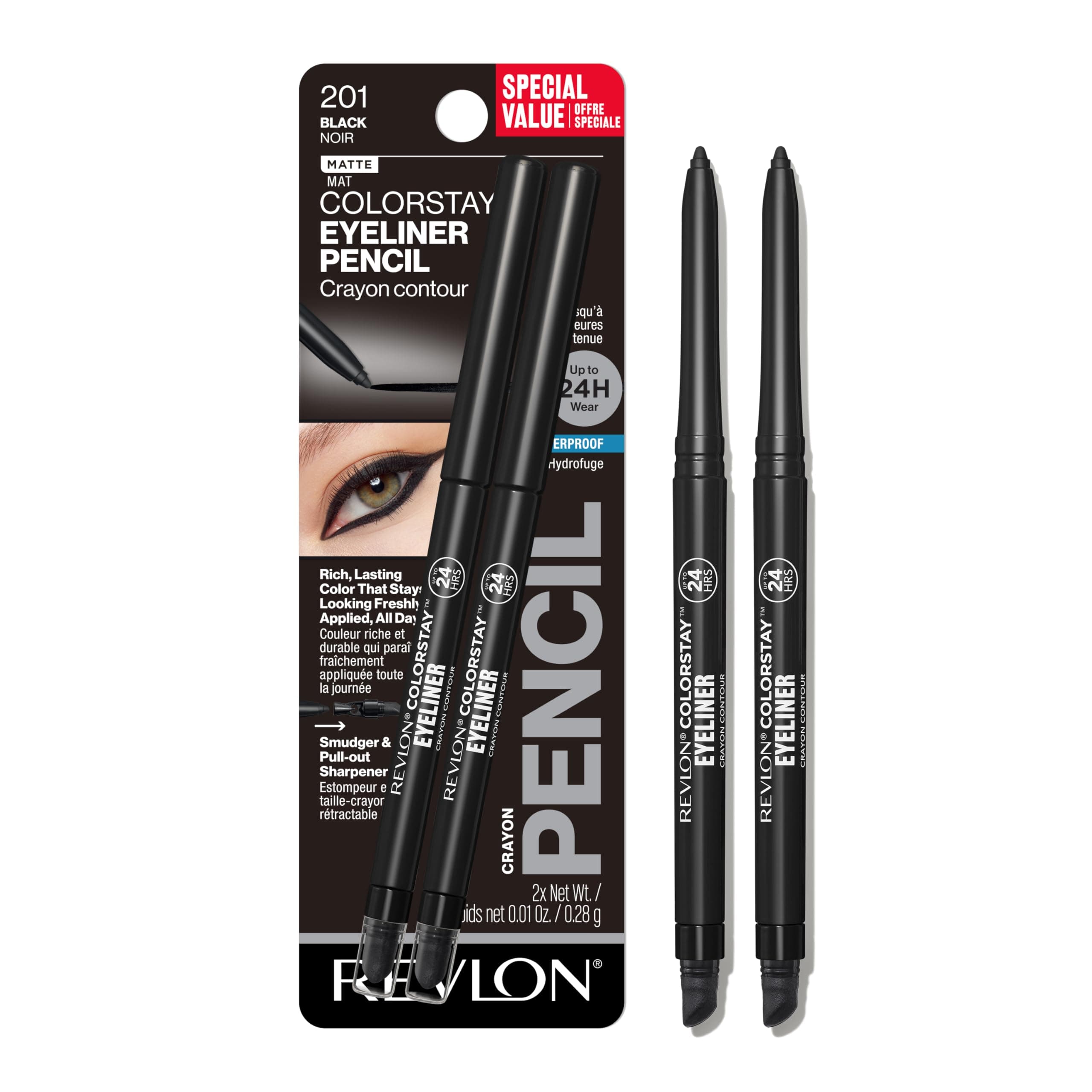 Revlon ColorStay Eyeliner Pencil, Eye Makeup Stocking Stuffers for Women, Built-In Sharpener, Waterproof, Smudgeproof, 201 Black, 0.02 oz (Pack of 2)