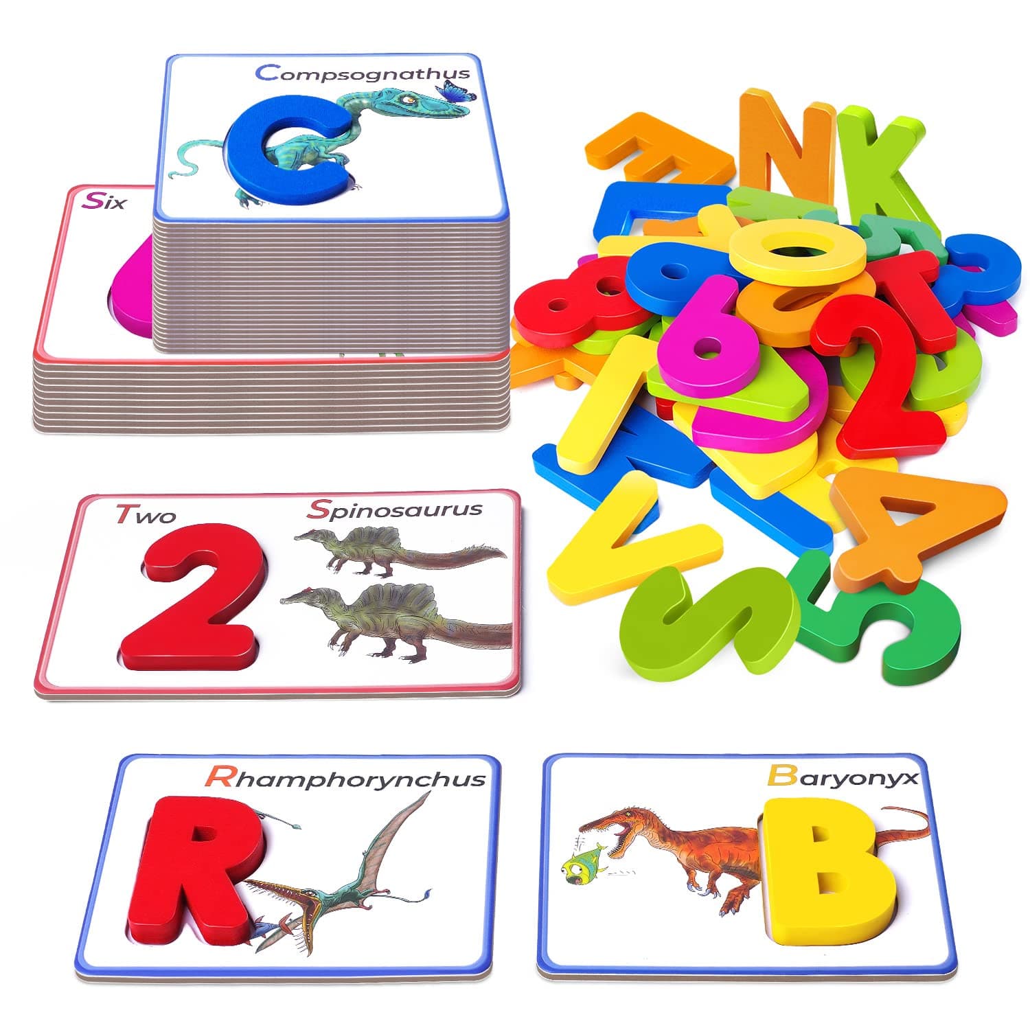 SpringFlower Dinosaur Alphabets and Numbers Flash Cards Set-ABC Letter Puzzle Matching Games, Preschool Homeschool Activities Montessori Toys,Learning & Educational Toy Gift for Boys Girls Age 2 3 4