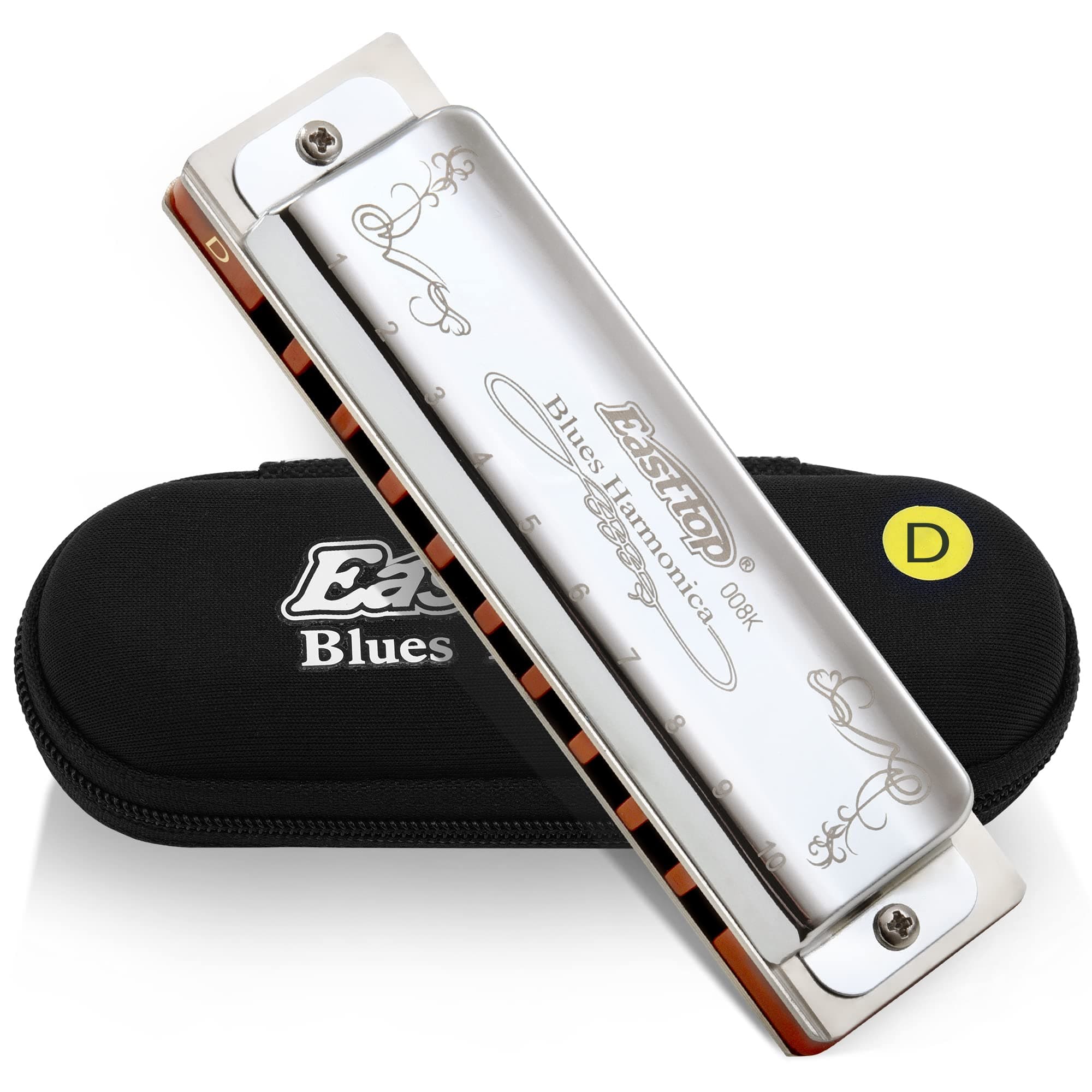 Diatonic Harmonica Key of D 10 Holes 20 Tones 008K Blues Diatonic Mouth Organ Harmonica with Silver Cover, Standard Harmonicas For Adults, Professionals and Students