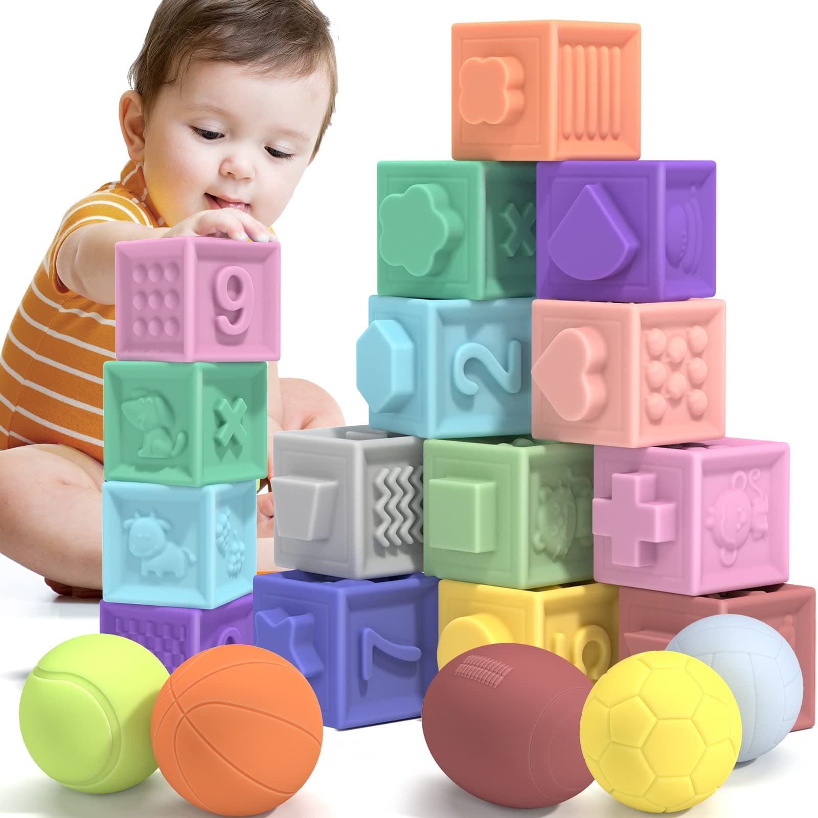 TEMIBaby Soft Stacking Building Blocks Toys, Perfect for Teething, Sensory, and Fine Motor Skill Development, Suitable for Infant, Boys and Girls Ages 6-12 Months